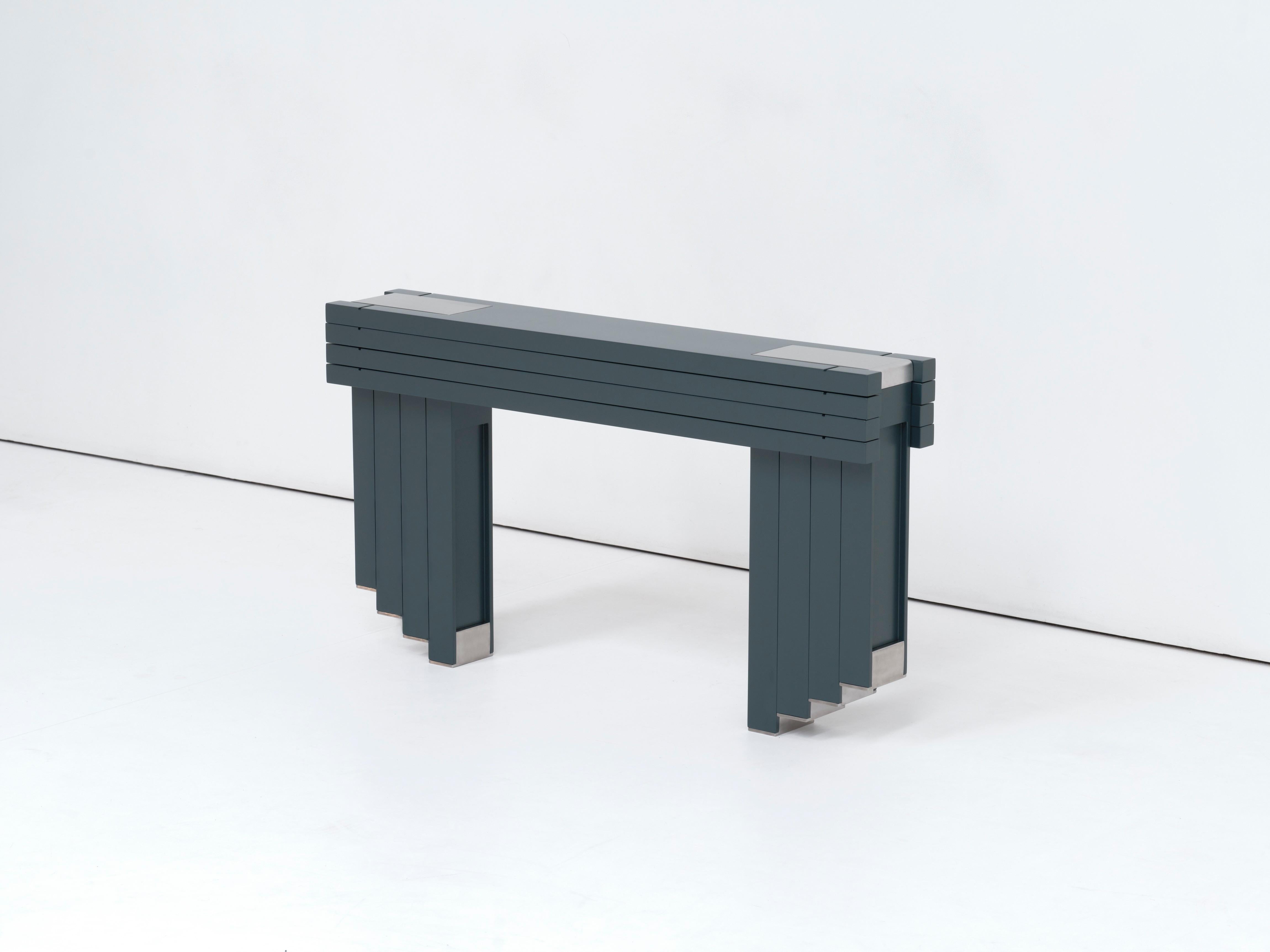 The bench takes its formal character from the traditional bench chair of the Chinese countryside. In a contemporary translation, four benches compose a set with the potential to create different configurations of the object and space. Subtle details