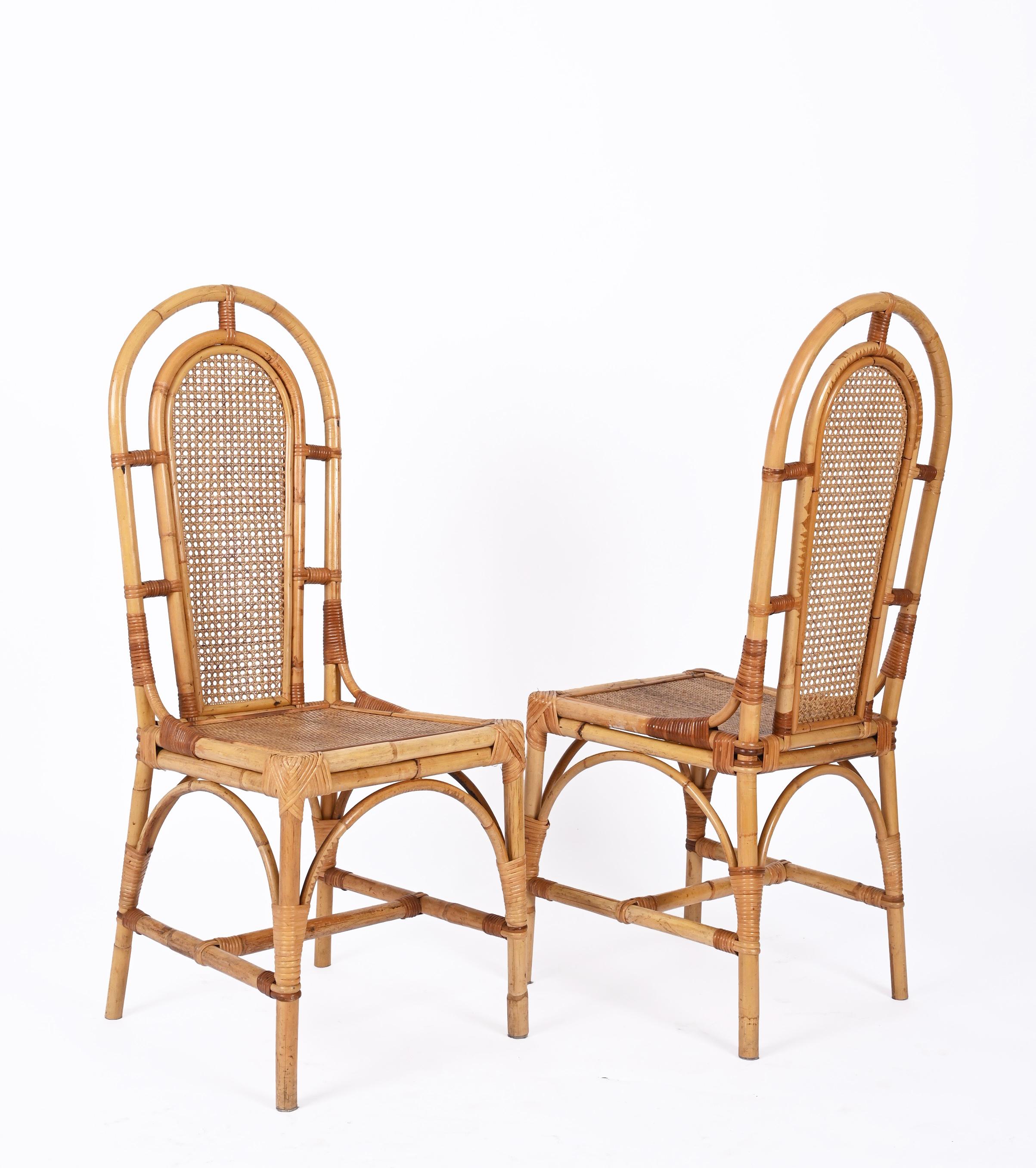 Mid-Century Modern Sef of Four Bamboo and Vienna Straw Chairs, Vivai Del Sud, Italy 1970s For Sale