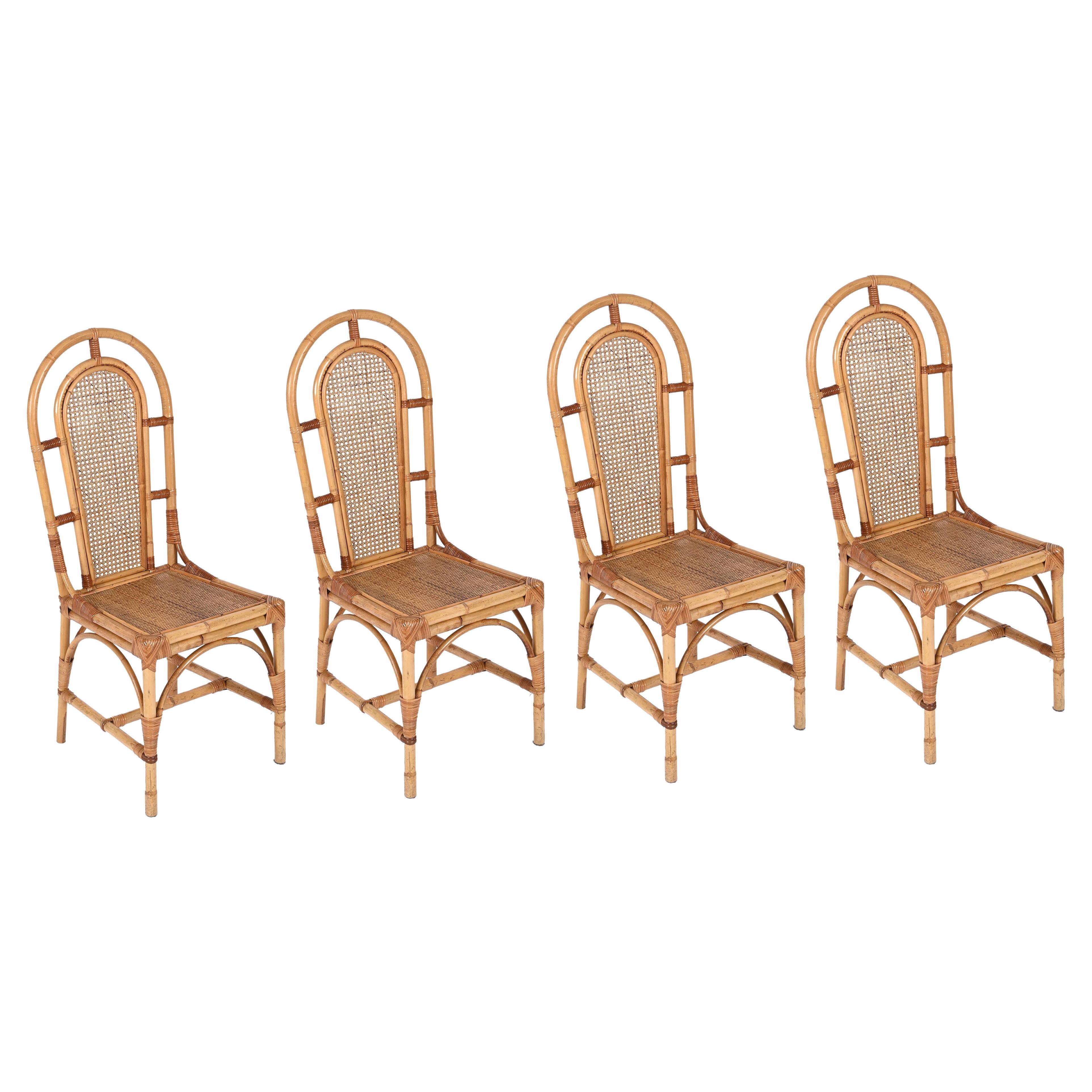 Sef of Four Bamboo and Vienna Straw Chairs, Vivai Del Sud, Italy 1970s