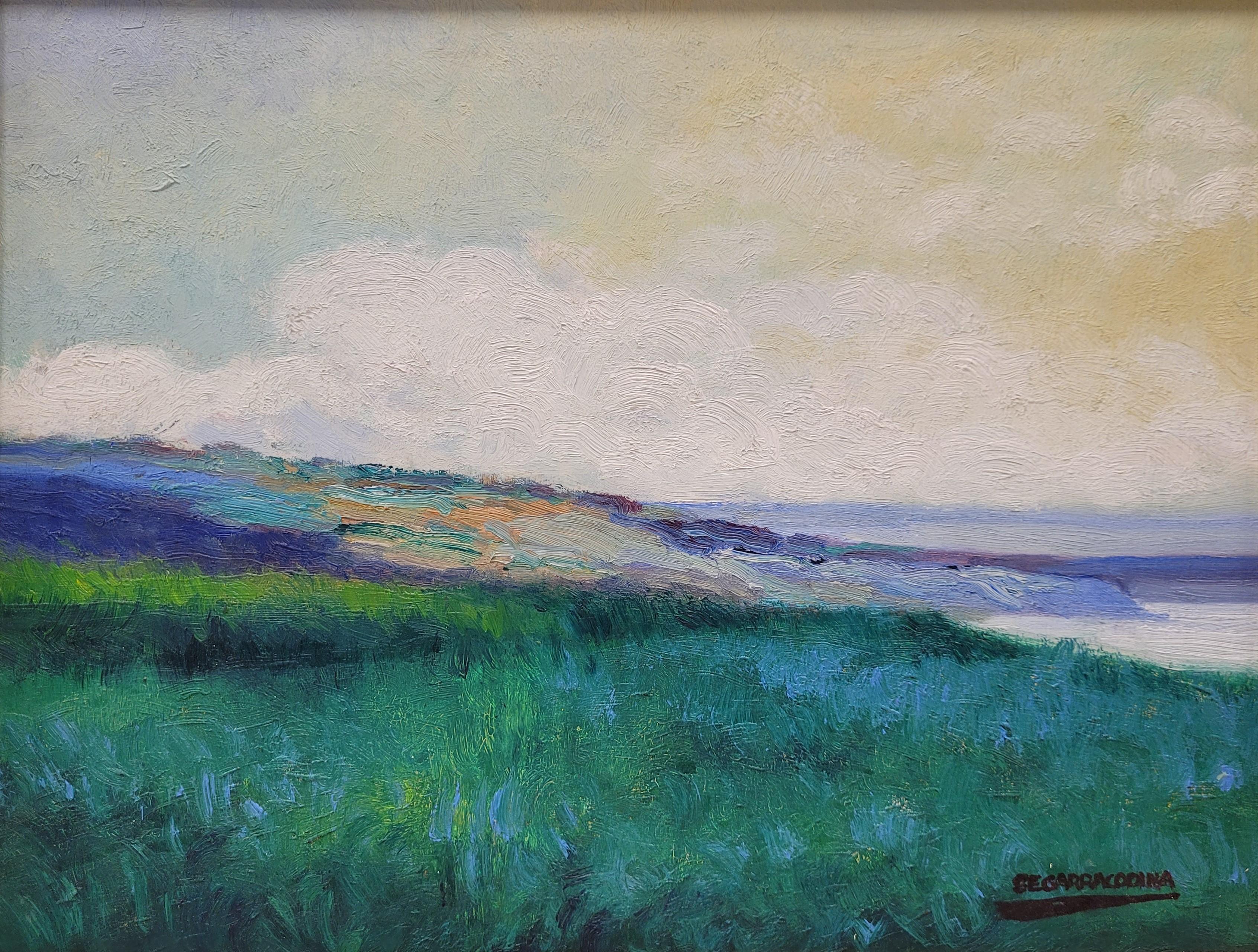 Oil on panel Green Landscape by Damián Segarra Codina Catalan School im Angebot 12