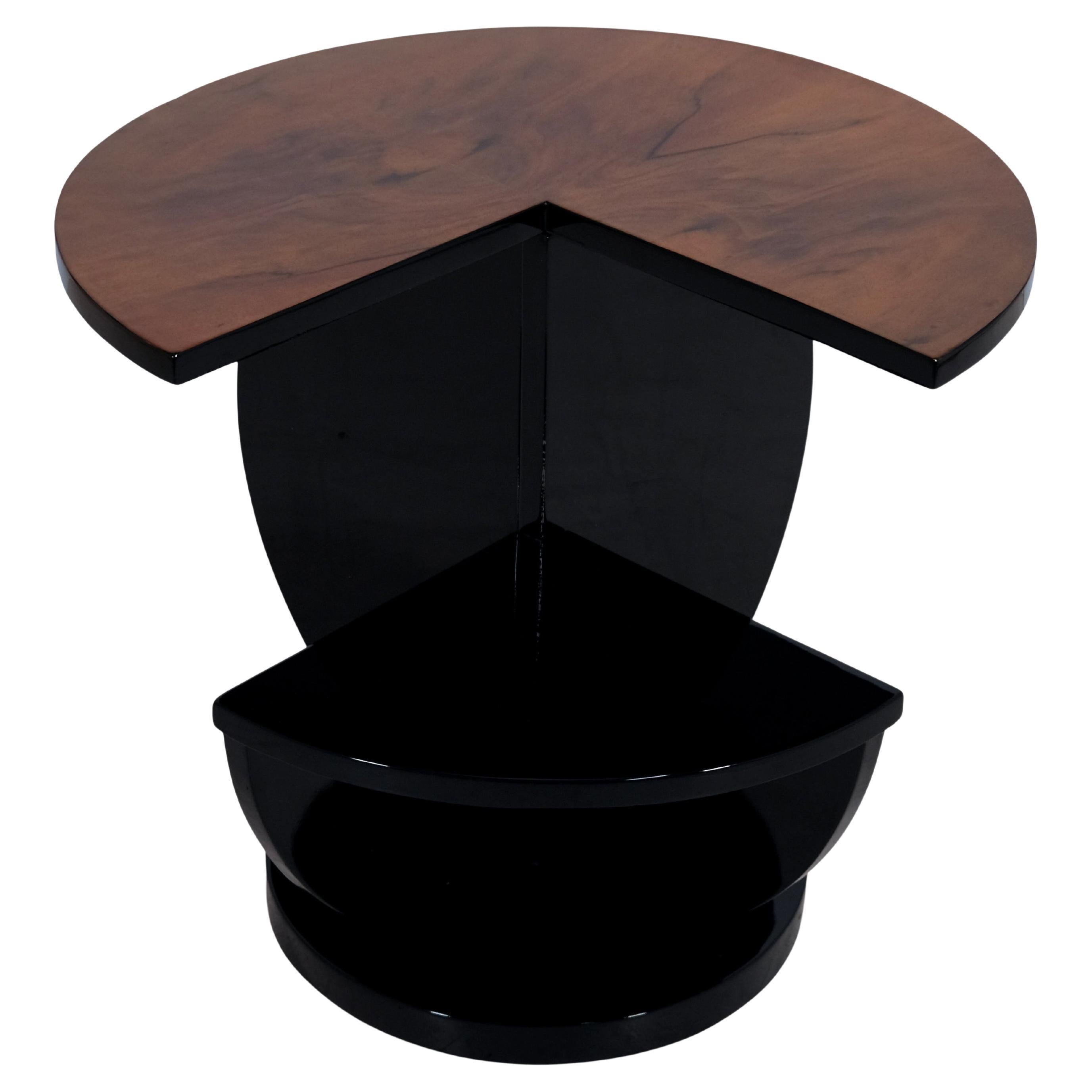 Segmented 1930s French Art Deco Side Table in High Gloss Black and Nutwood For Sale