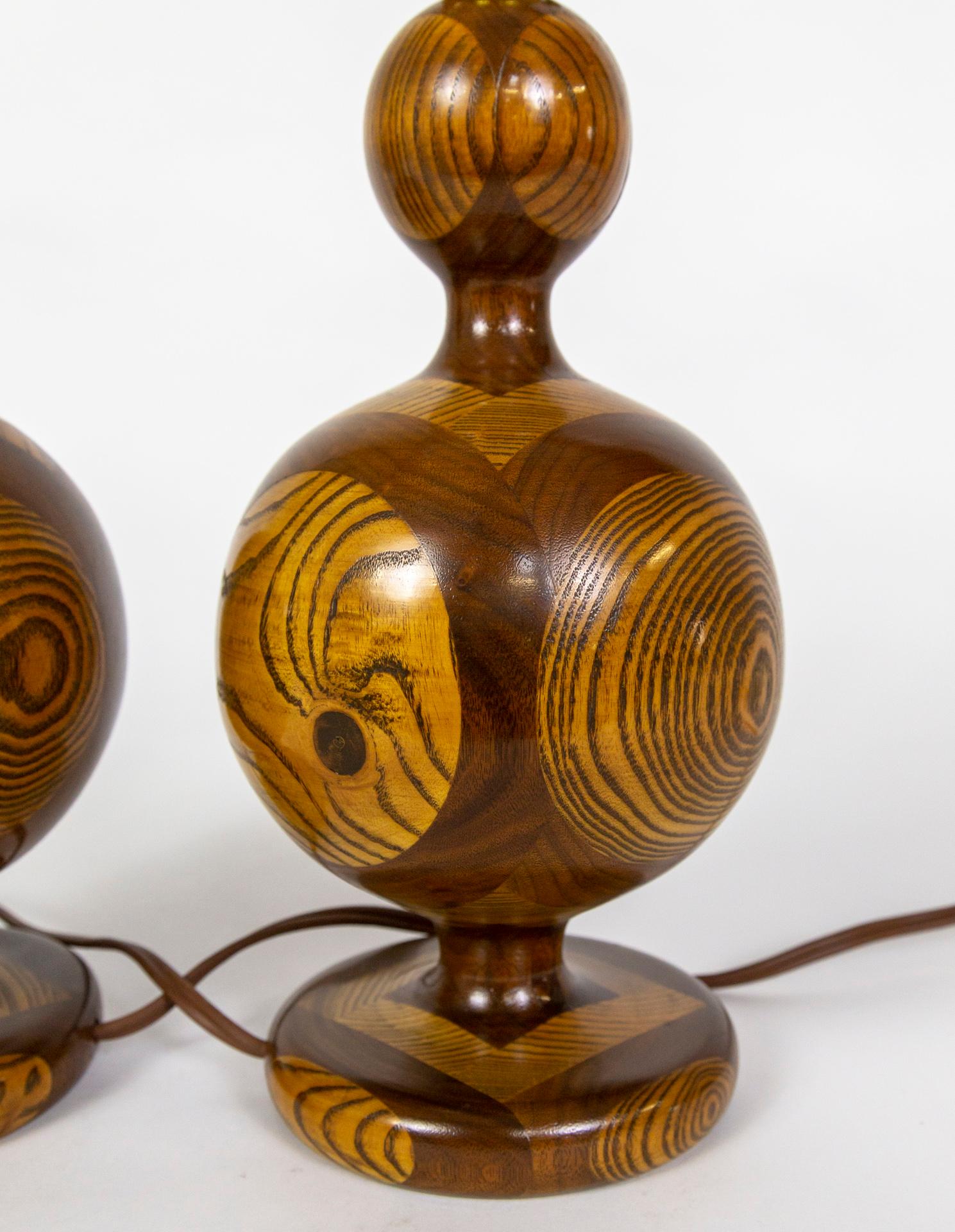 Segmented 'Inlaid-Esque' Turned Walnut/Cherry Wood Lamps, Pair 5