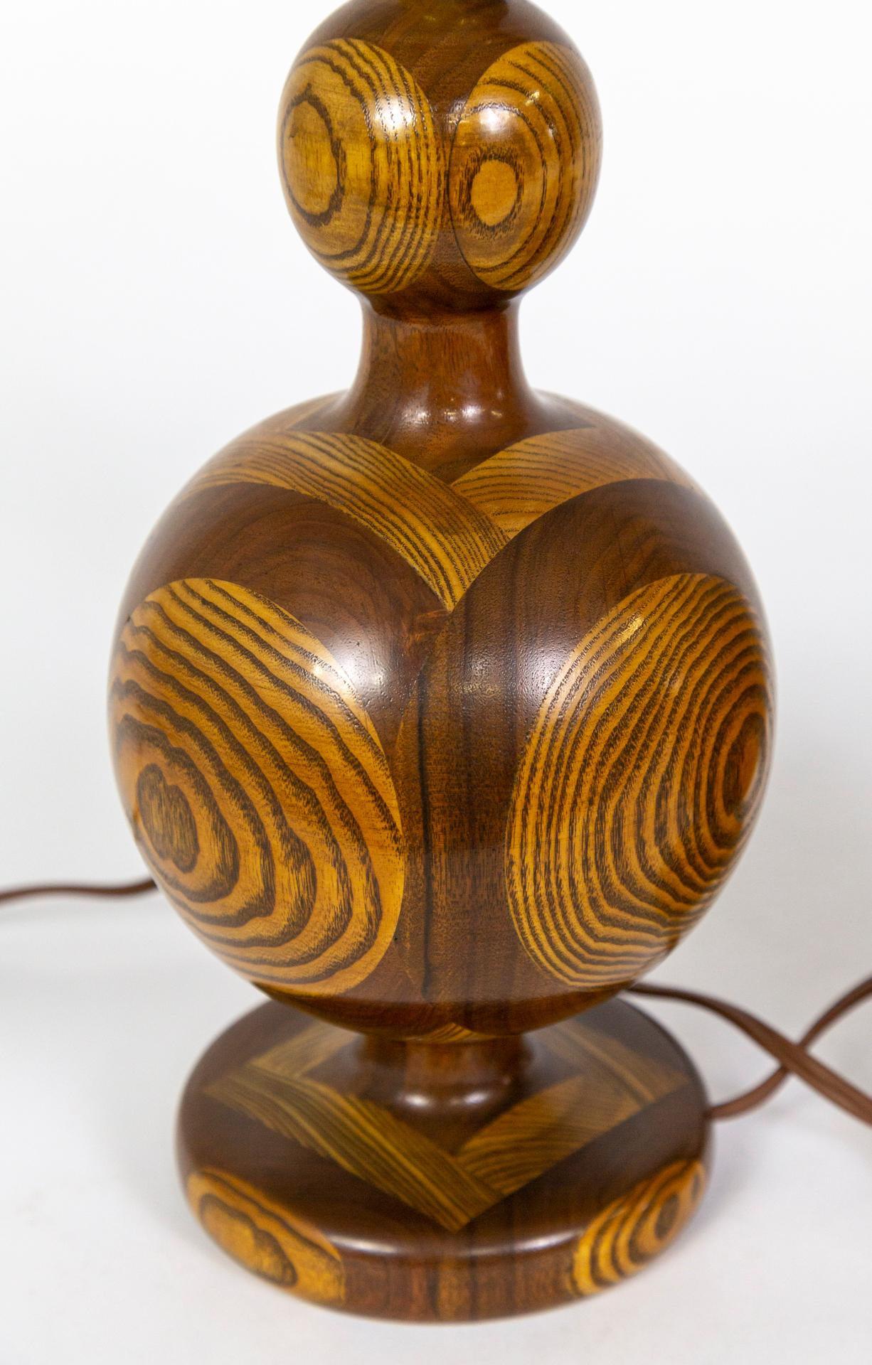 Segmented 'Inlaid-Esque' Turned Walnut/Cherry Wood Lamps, Pair 6