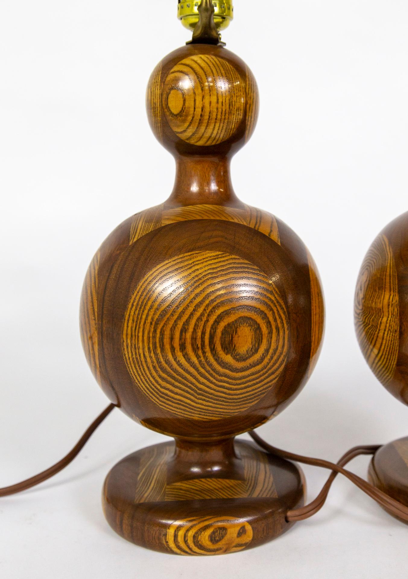 Mid-Century Modern Segmented 'Inlaid-Esque' Turned Walnut/Cherry Wood Lamps, Pair