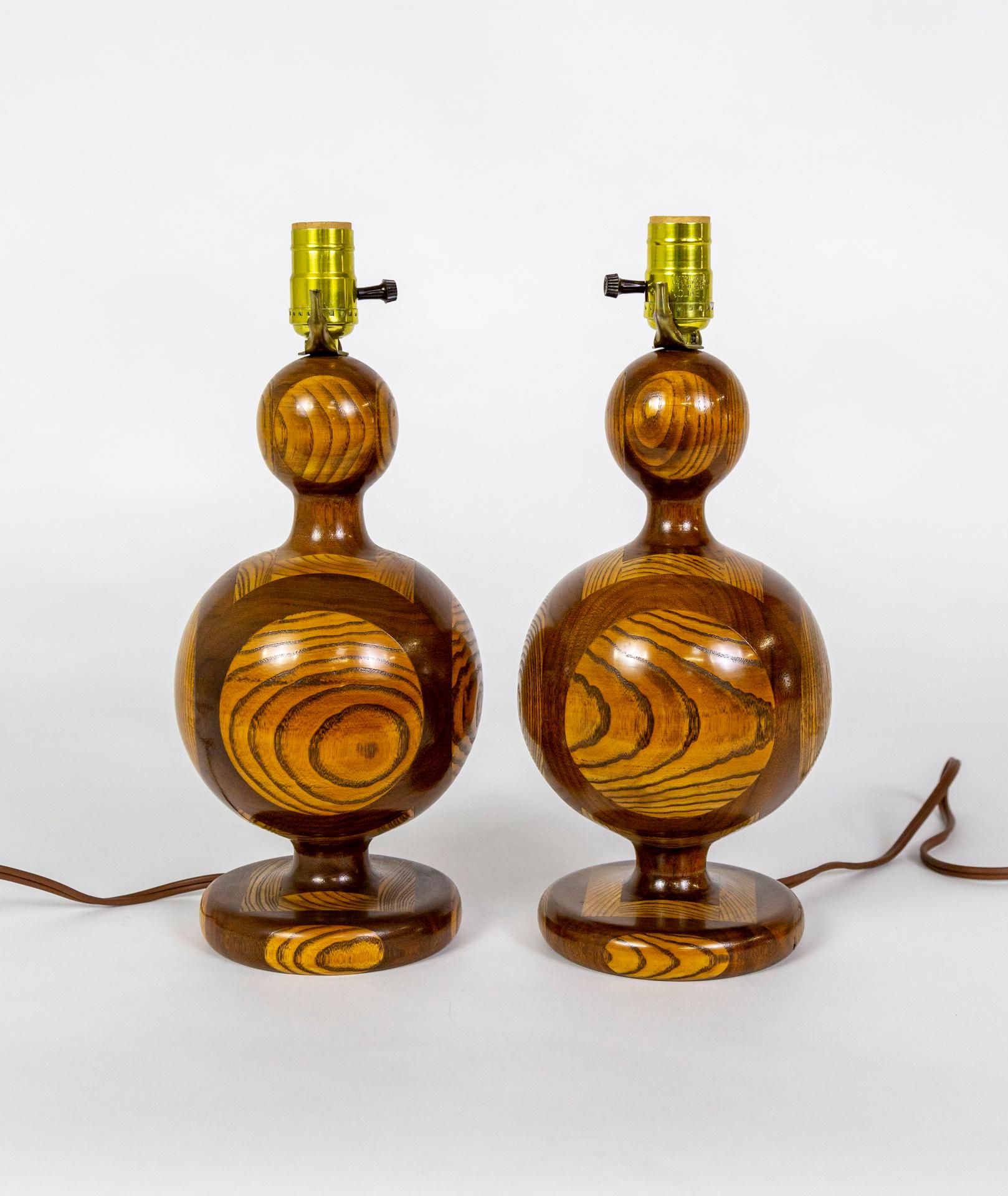 Segmented 'Inlaid-Esque' Turned Walnut/Cherry Wood Lamps, Pair In Good Condition In San Francisco, CA
