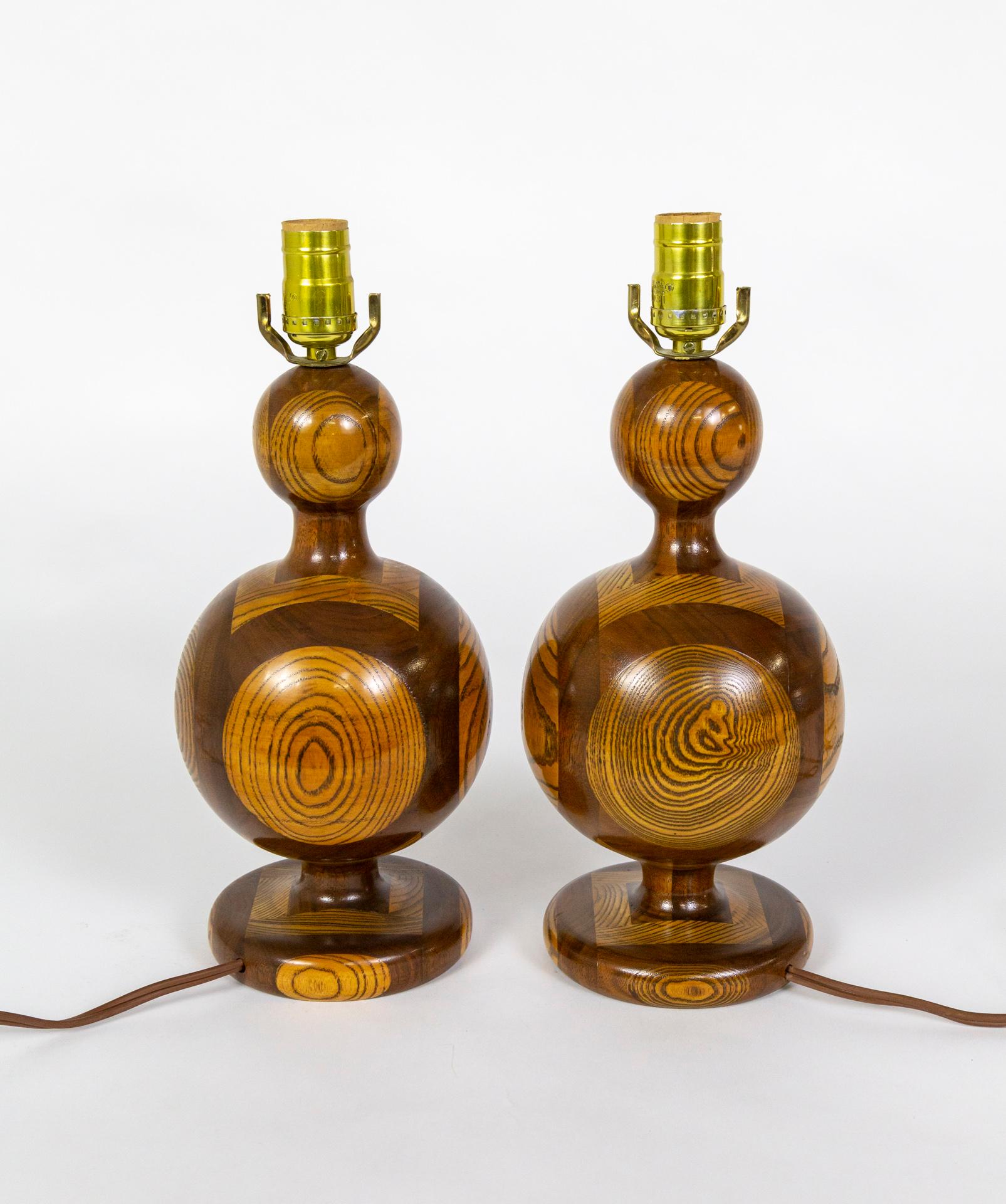 20th Century Segmented 'Inlaid-Esque' Turned Walnut/Cherry Wood Lamps, Pair