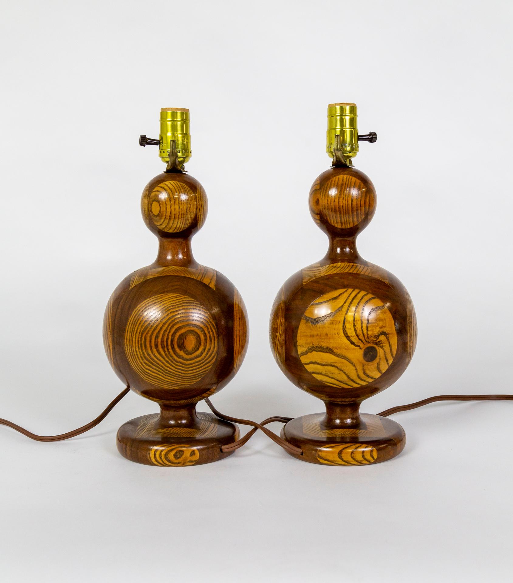 Segmented 'Inlaid-Esque' Turned Walnut/Cherry Wood Lamps, Pair 1