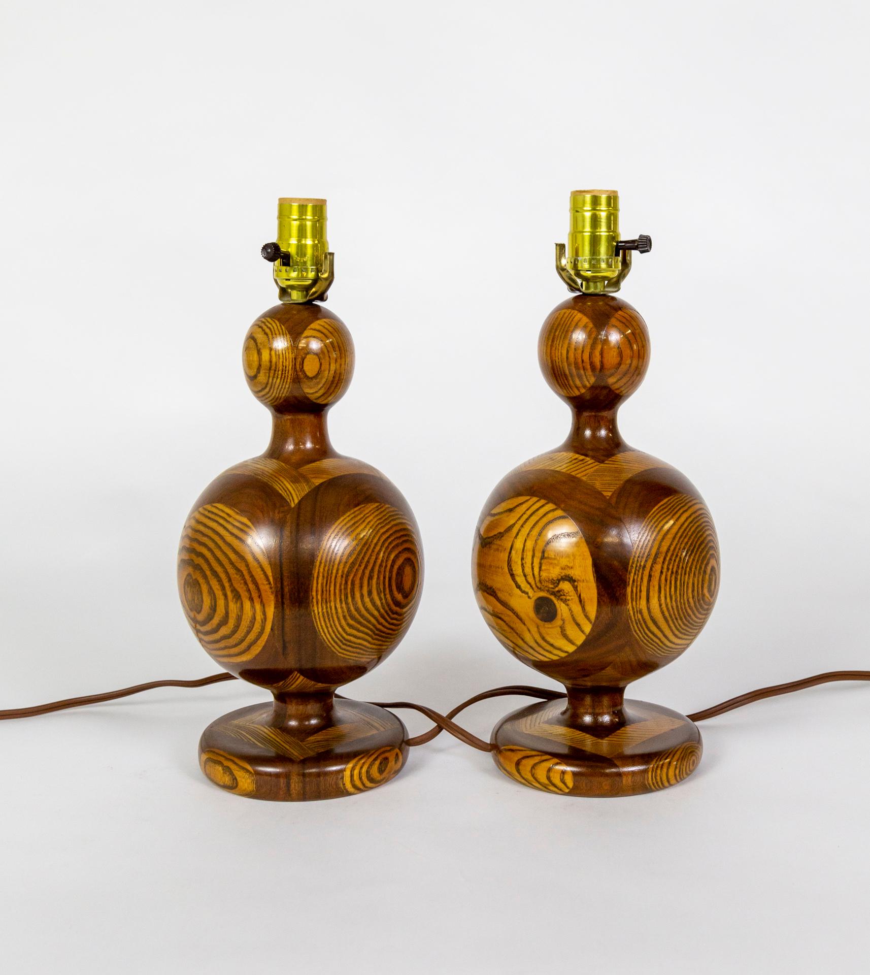 Segmented 'Inlaid-Esque' Turned Walnut/Cherry Wood Lamps, Pair 2