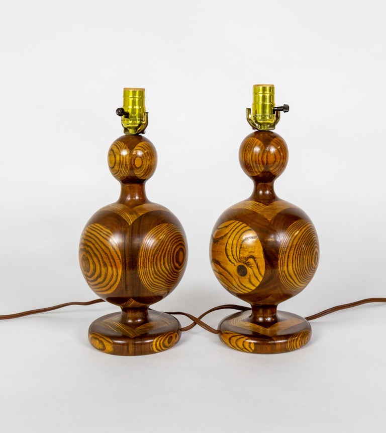 Segmented 'InlaidEsque' Turned Walnut/Cherry Wood Lamps, Pair For Sale