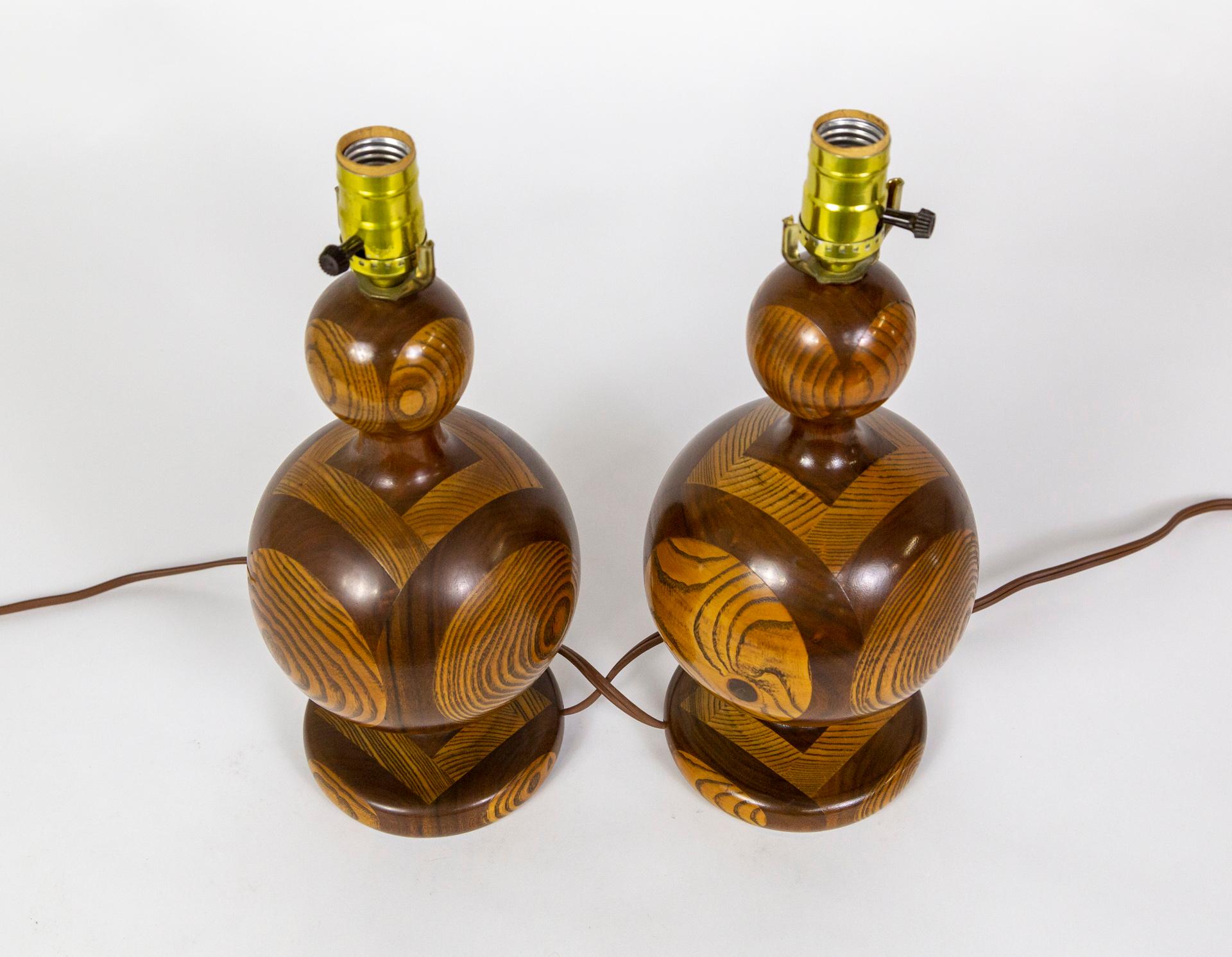 Segmented 'Inlaid-Esque' Turned Walnut/Cherry Wood Lamps, Pair 3