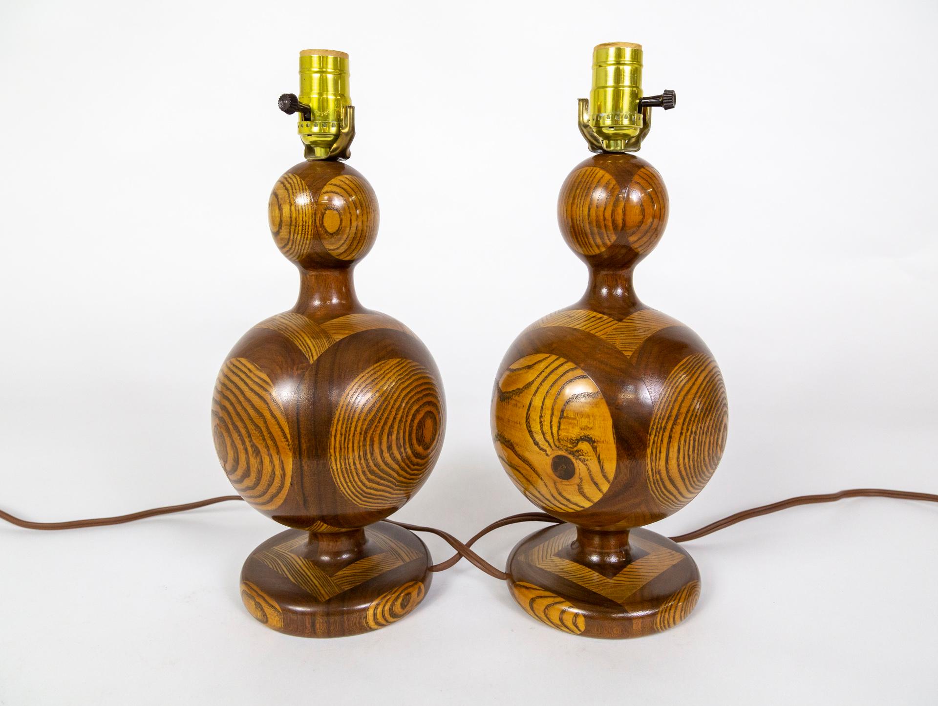 Segmented 'Inlaid-Esque' Turned Walnut/Cherry Wood Lamps, Pair 4