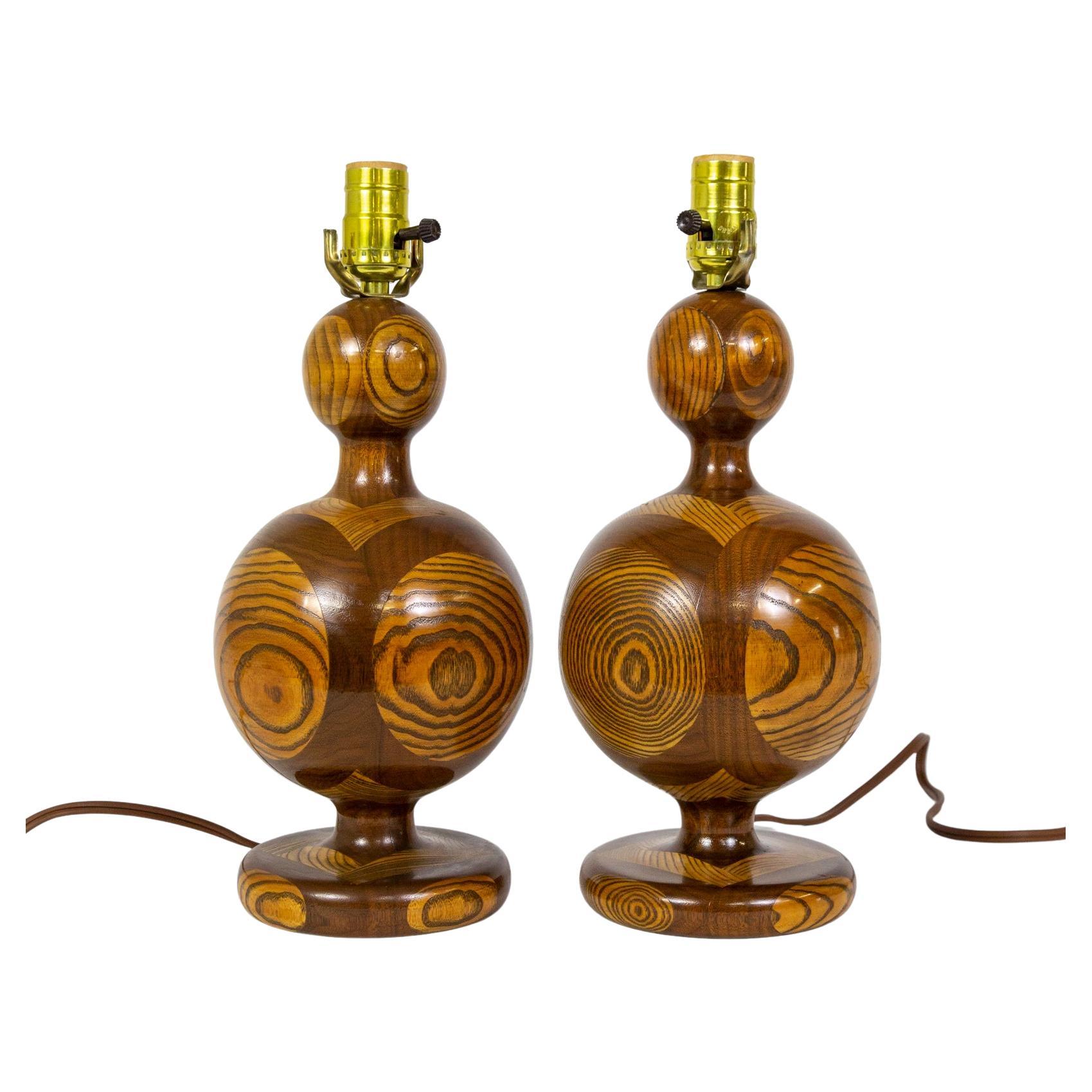 Segmented 'Inlaid-Esque' Turned Walnut/Cherry Wood Lamps, Pair