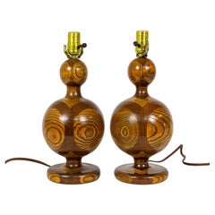 Segmented 'Inlaid-Esque' Turned Walnut/Cherry Wood Lamps, Pair