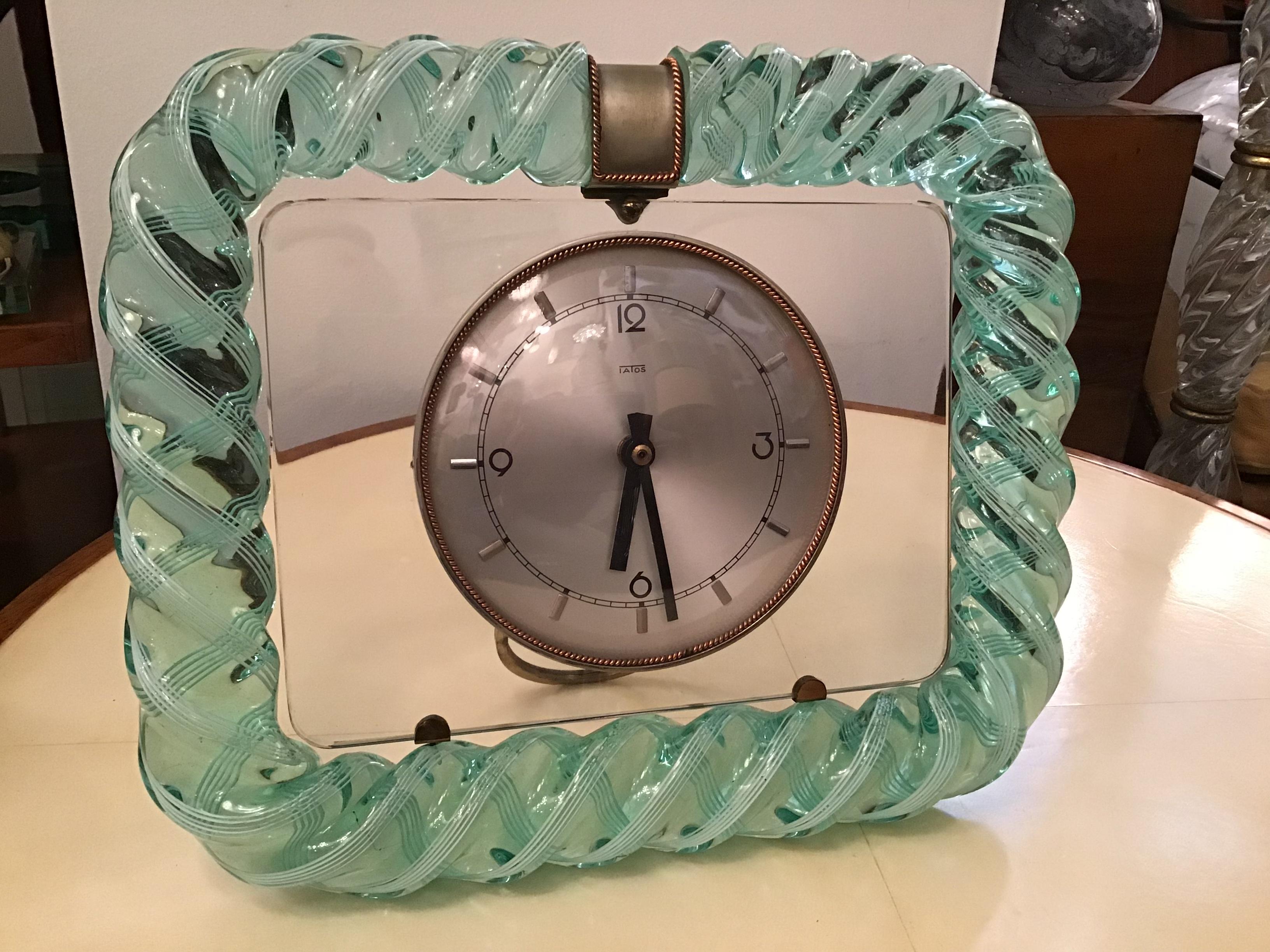 Seguso 1930s Table Clock Italian Murano Glass Brass Plex 6