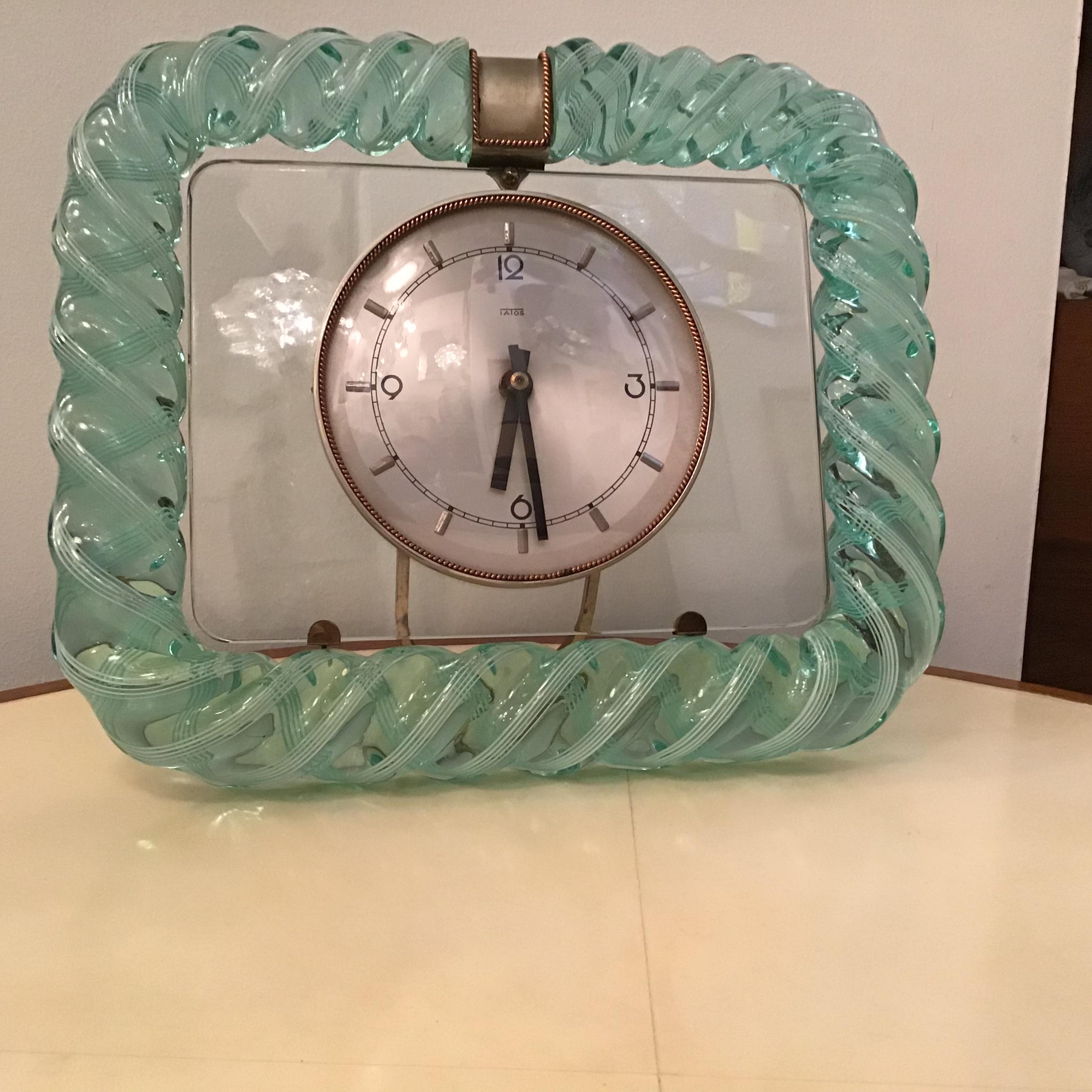 Seguso 1930s Table Clock Italian Murano Glass Brass Plex 8