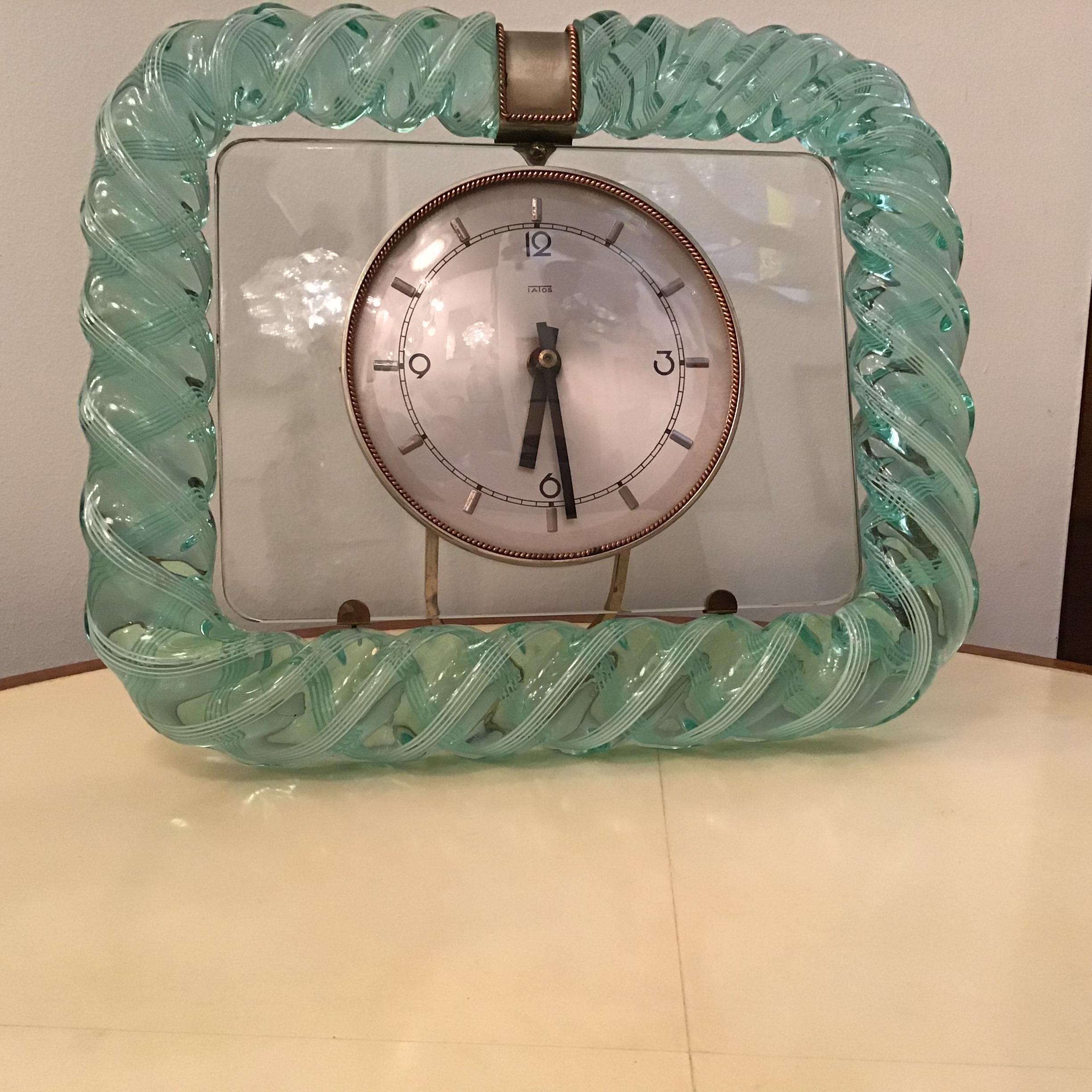 Seguso 1930s Table Clock Italian Murano Glass Brass Plex 9