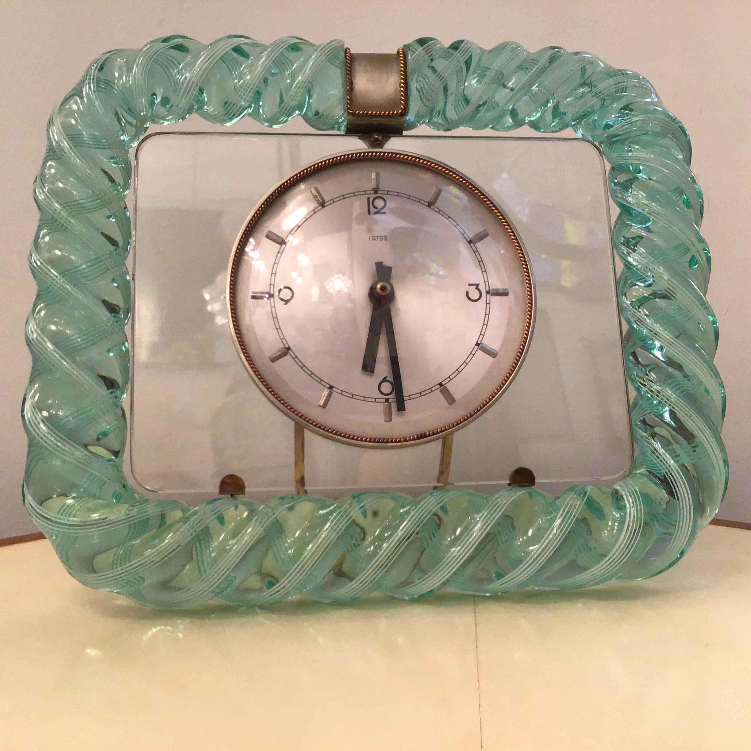 Seguso 1930s Table Clock Italian Murano Glass Brass Plex 10