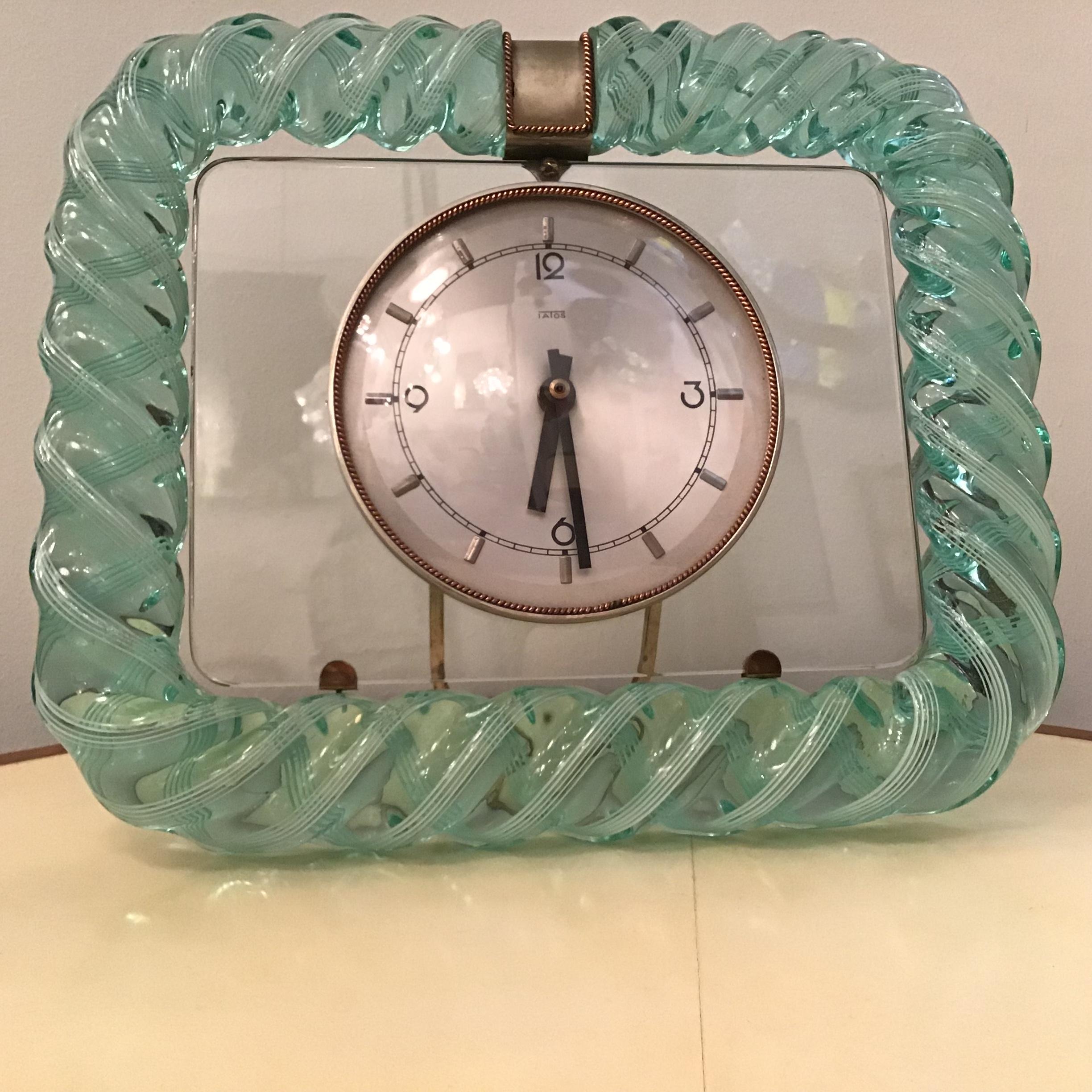 Seguso 1930s Table Clock Italian Murano Glass Brass Plex 12