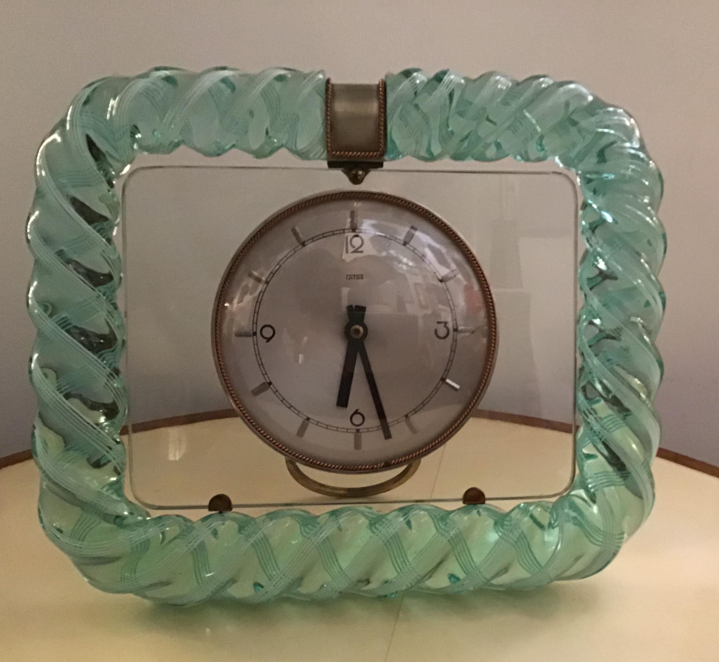 Seguso 1930s table clock Italian Murano glass brass plex.