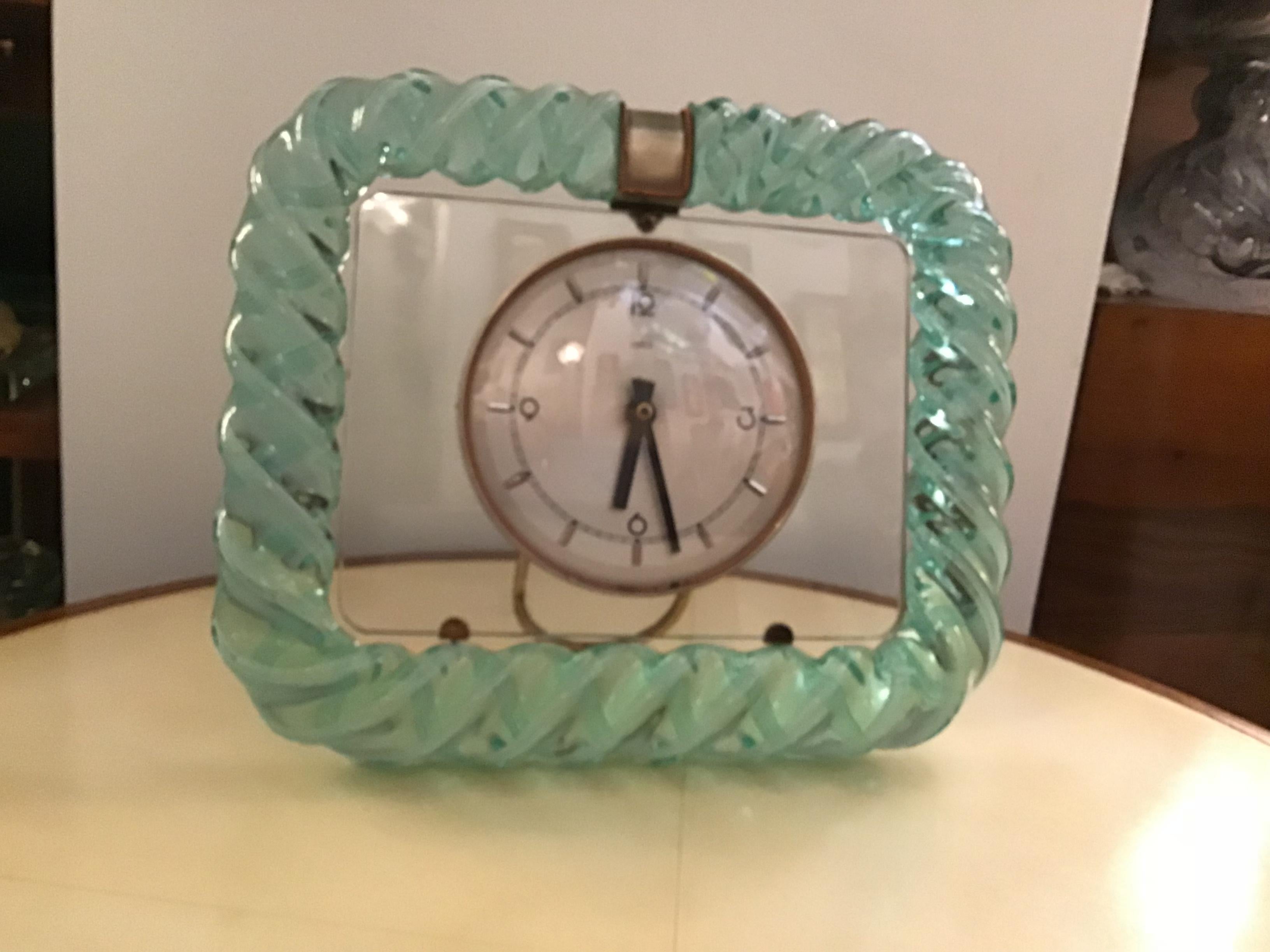 Other Seguso 1930s Table Clock Italian Murano Glass Brass Plex
