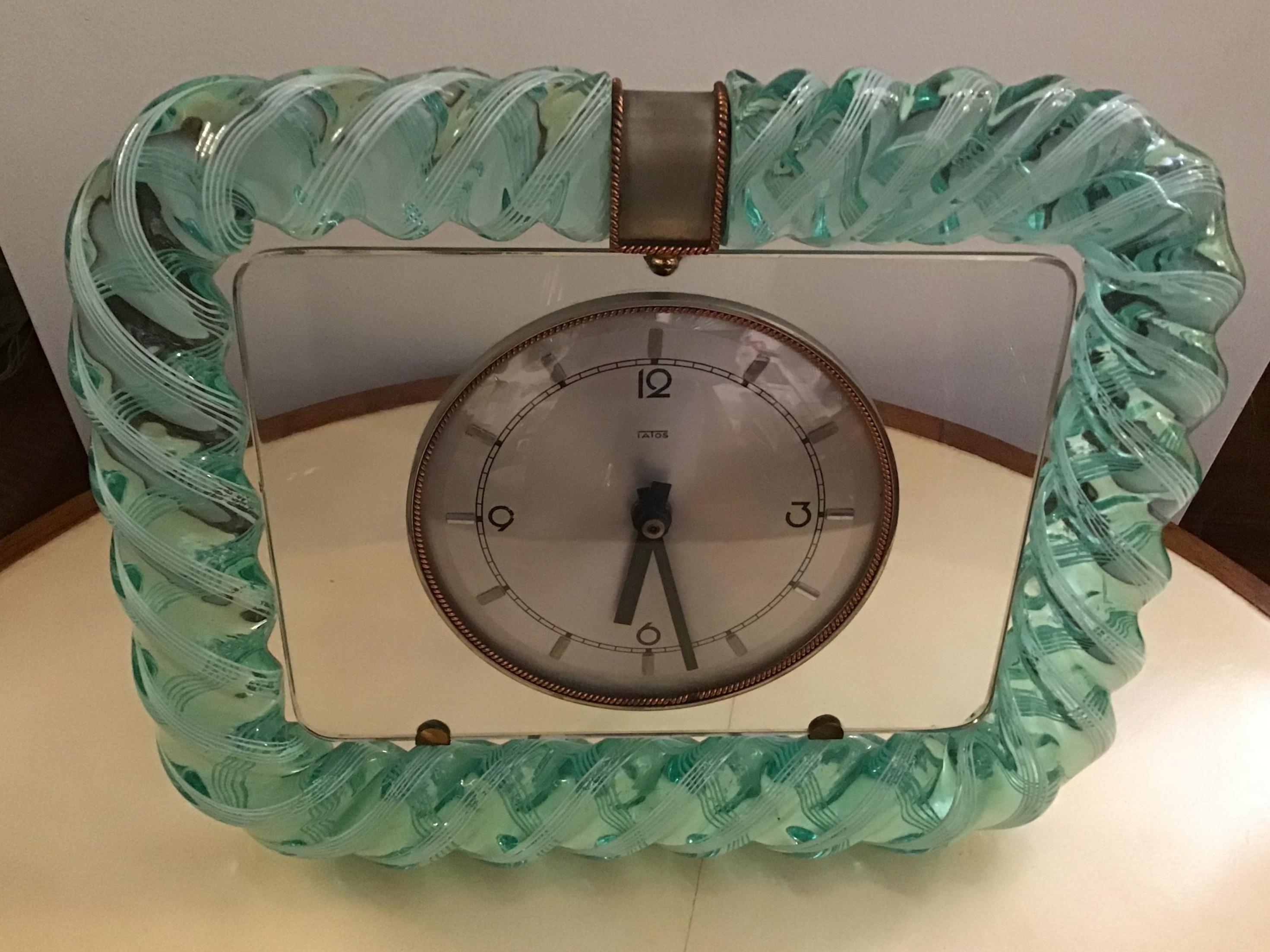 Mid-20th Century Seguso 1930s Table Clock Italian Murano Glass Brass Plex