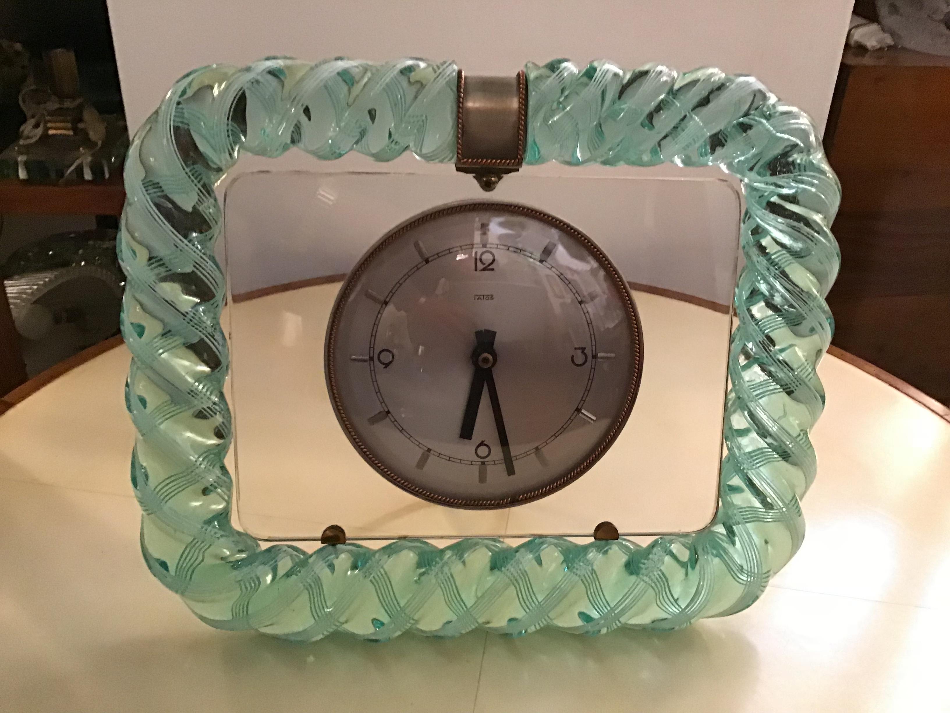Seguso 1930s Table Clock Italian Murano Glass Brass Plex 1