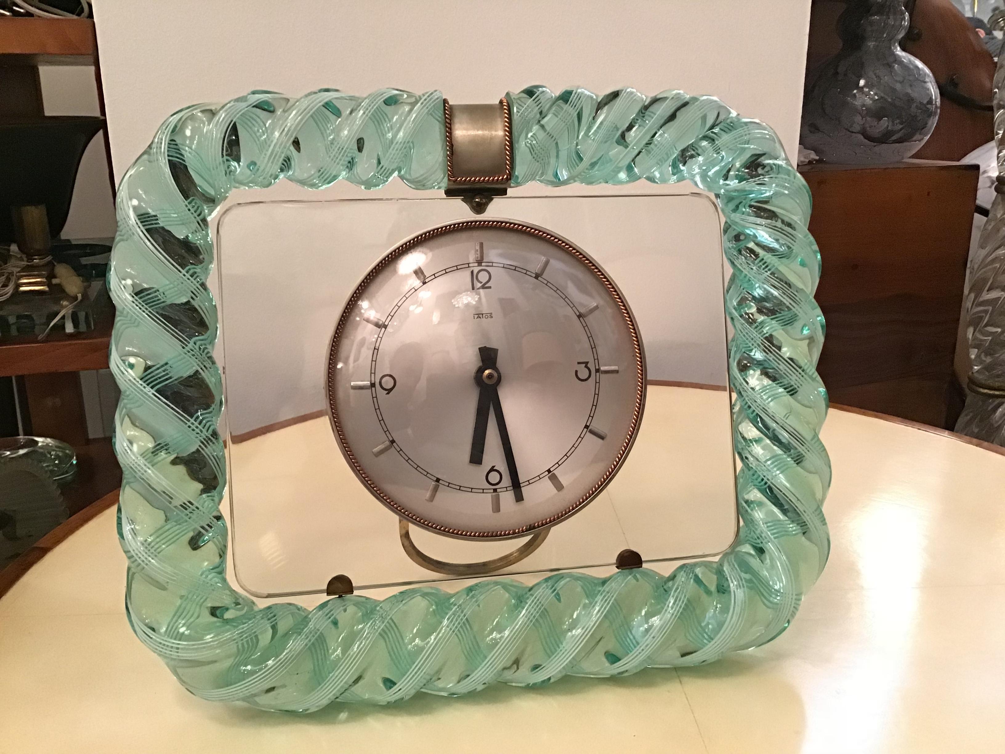 Seguso 1930s Table Clock Italian Murano Glass Brass Plex 4