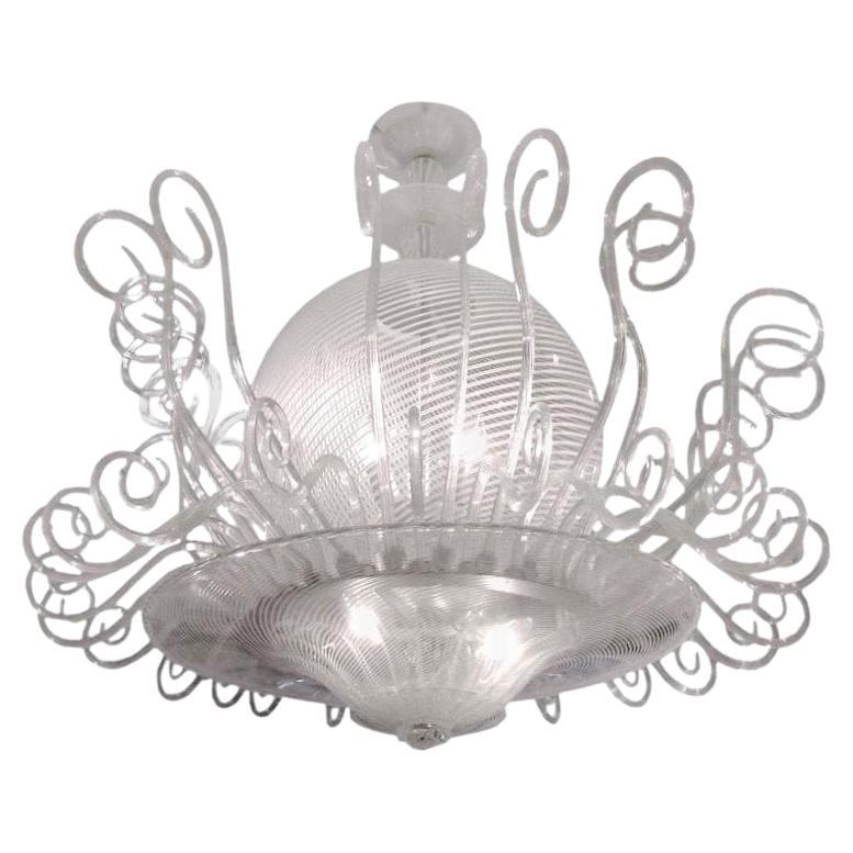 Seguso 1950 Italian Vintage White & Crystal Clear Murano Glass Chandelier For Sale