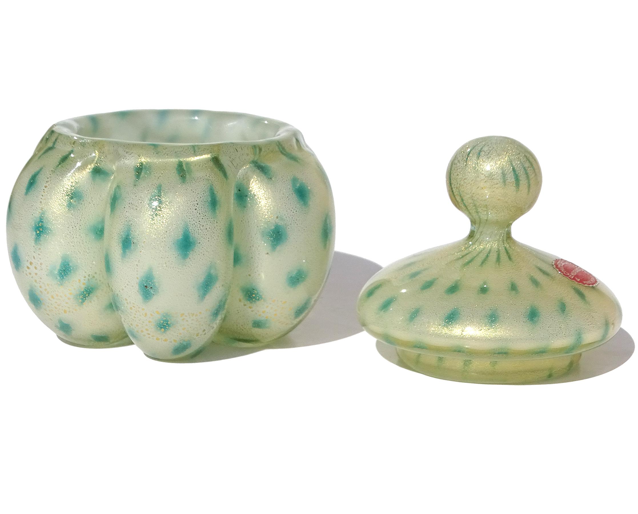 Seguso 1950 Motas de Oro Murano Arte Italiano de Cristal Polvera de Perfume Tarro de Neceser Moderno de mediados de siglo en venta