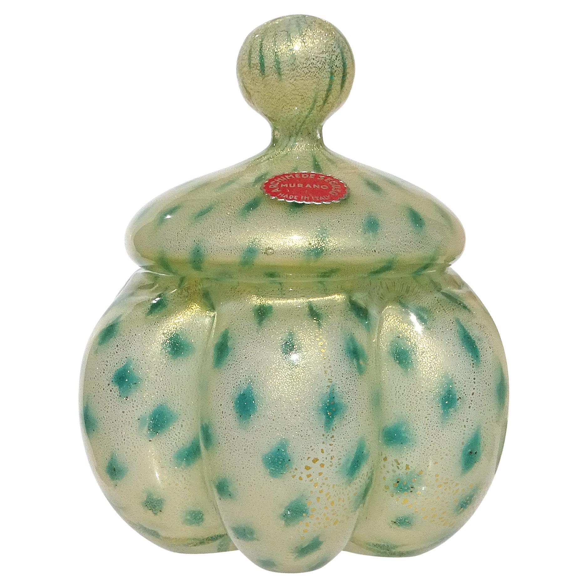 Seguso 1950s Gold Flecks Murano Italian Art Glass Perfume Powder Box Vanity Jar