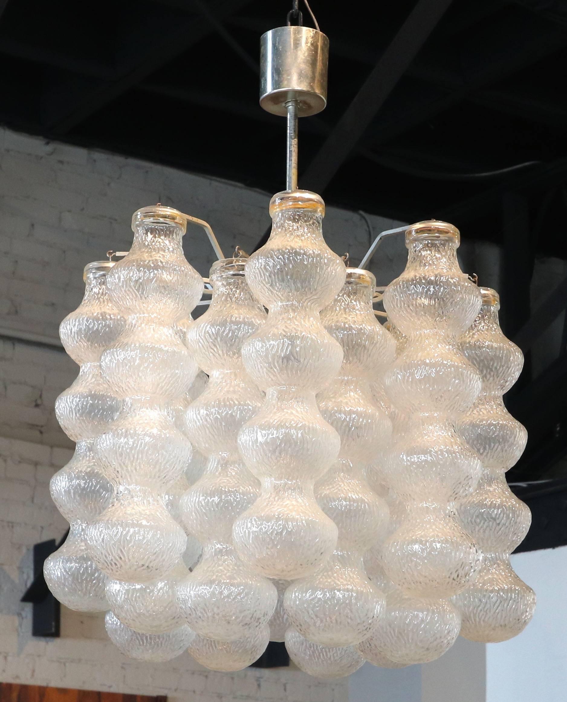 Seguso 1970s transparent bubble murano glass chandelier on a chrome frame with three-light.