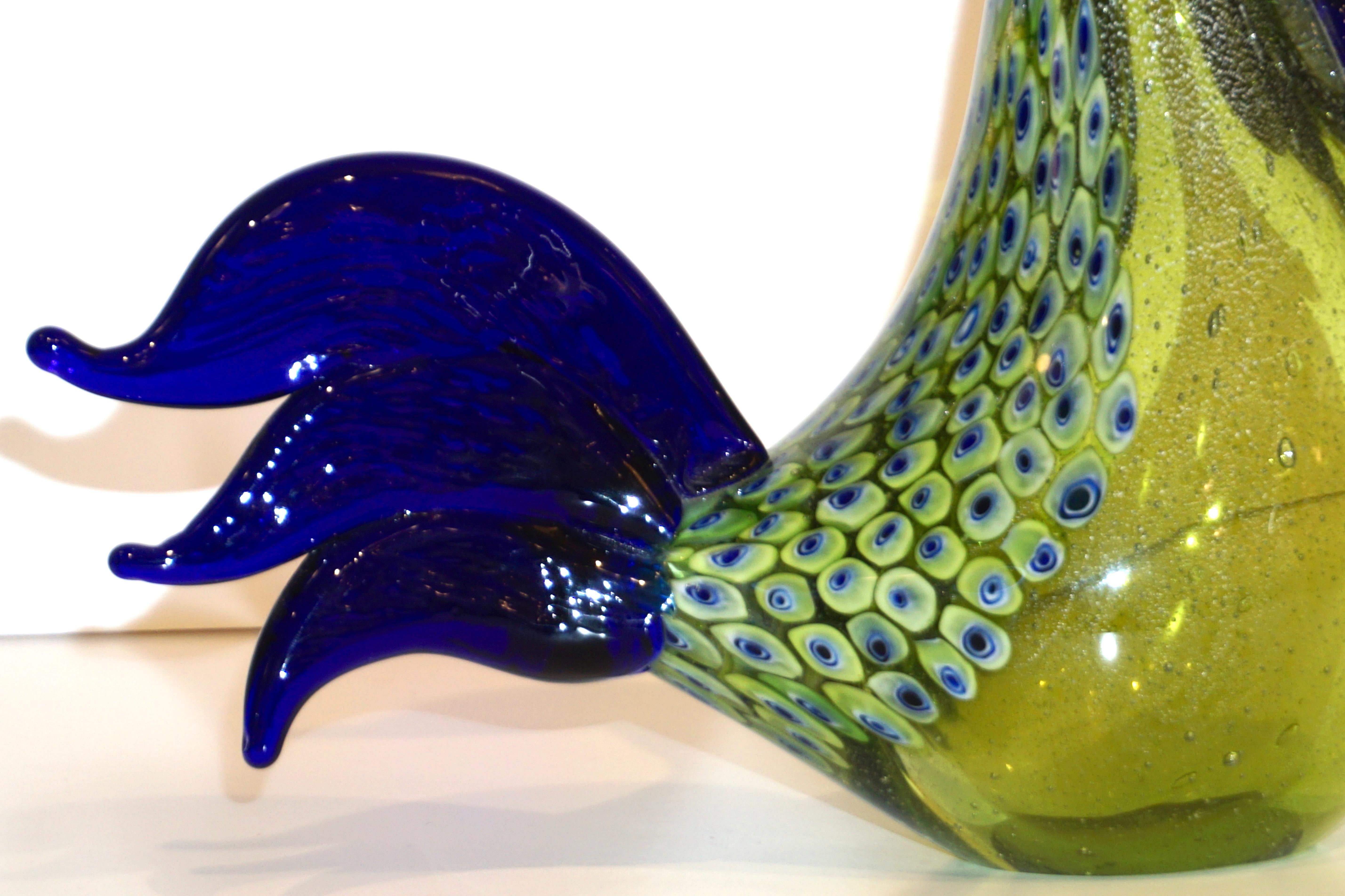 Seguso 1980 Escultura italiana de plata azul marino verde manzana de cristal de Murano Pájaro gallina en venta 5