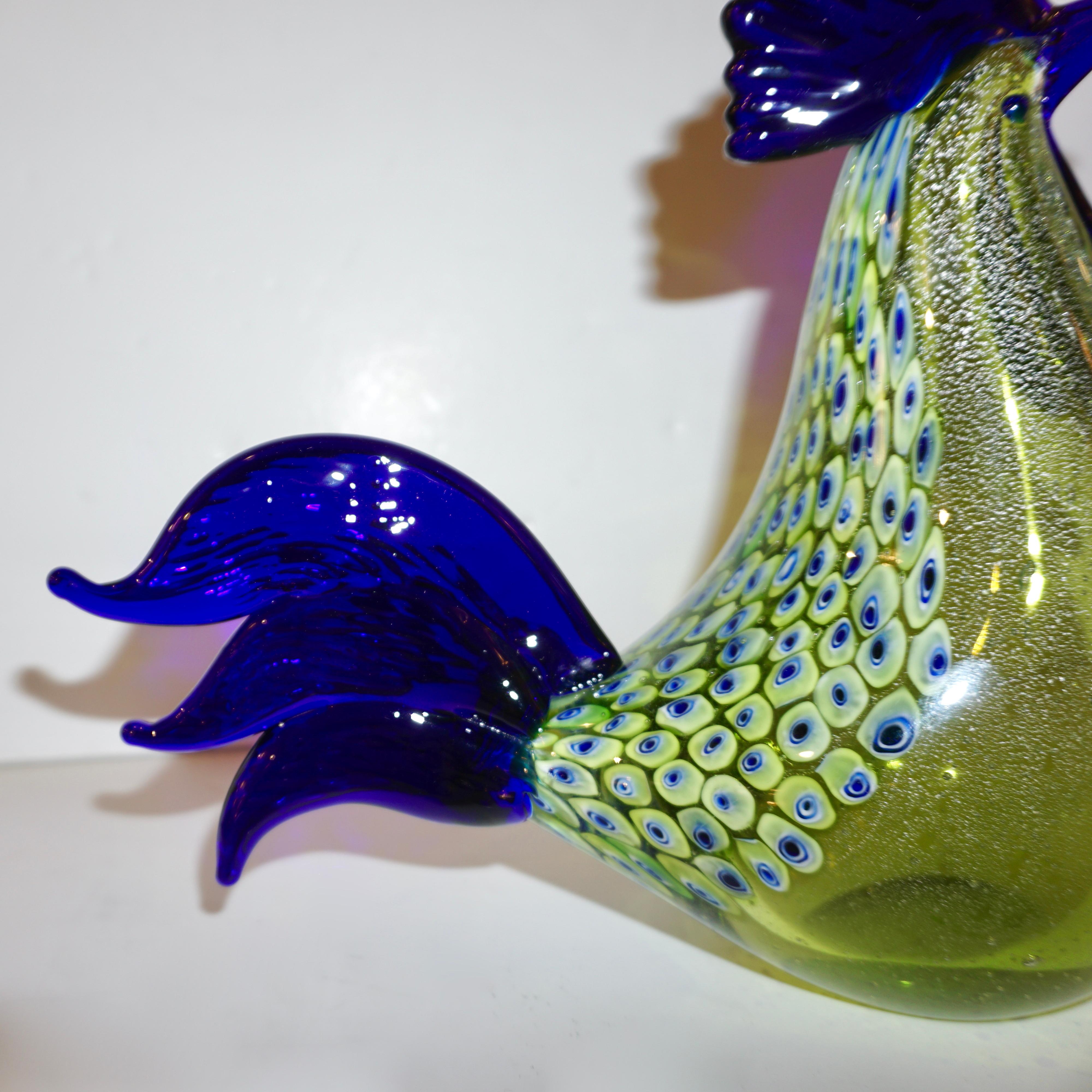 Hand-Crafted Seguso 1980 Italian Silver Navy Blue Apple Green Murano Glass Hen Bird Sculpture For Sale