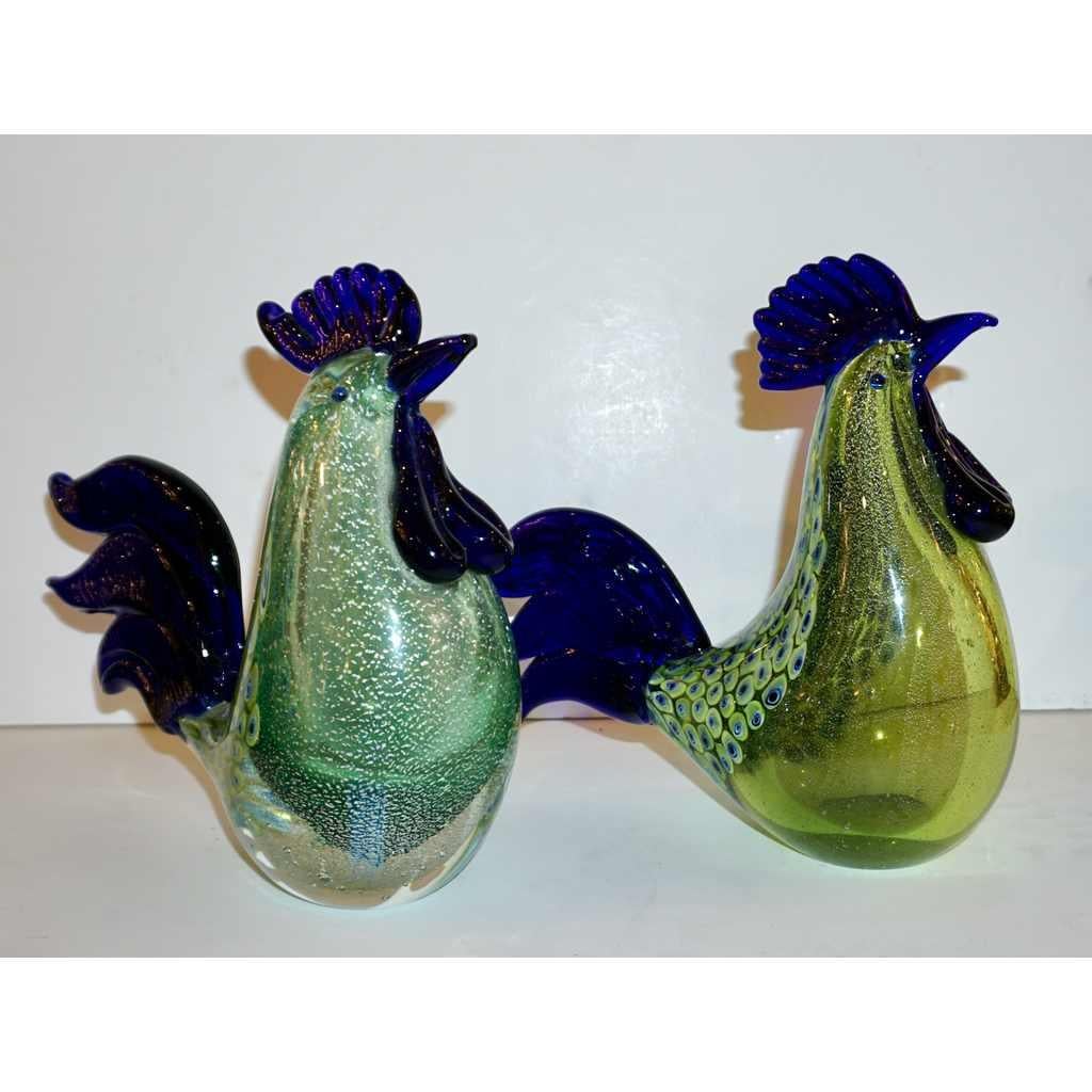 Seguso 1980 Italian Silver Navy Blue Apple Green Murano Glass Hen Bird Sculpture In Excellent Condition For Sale In New York, NY