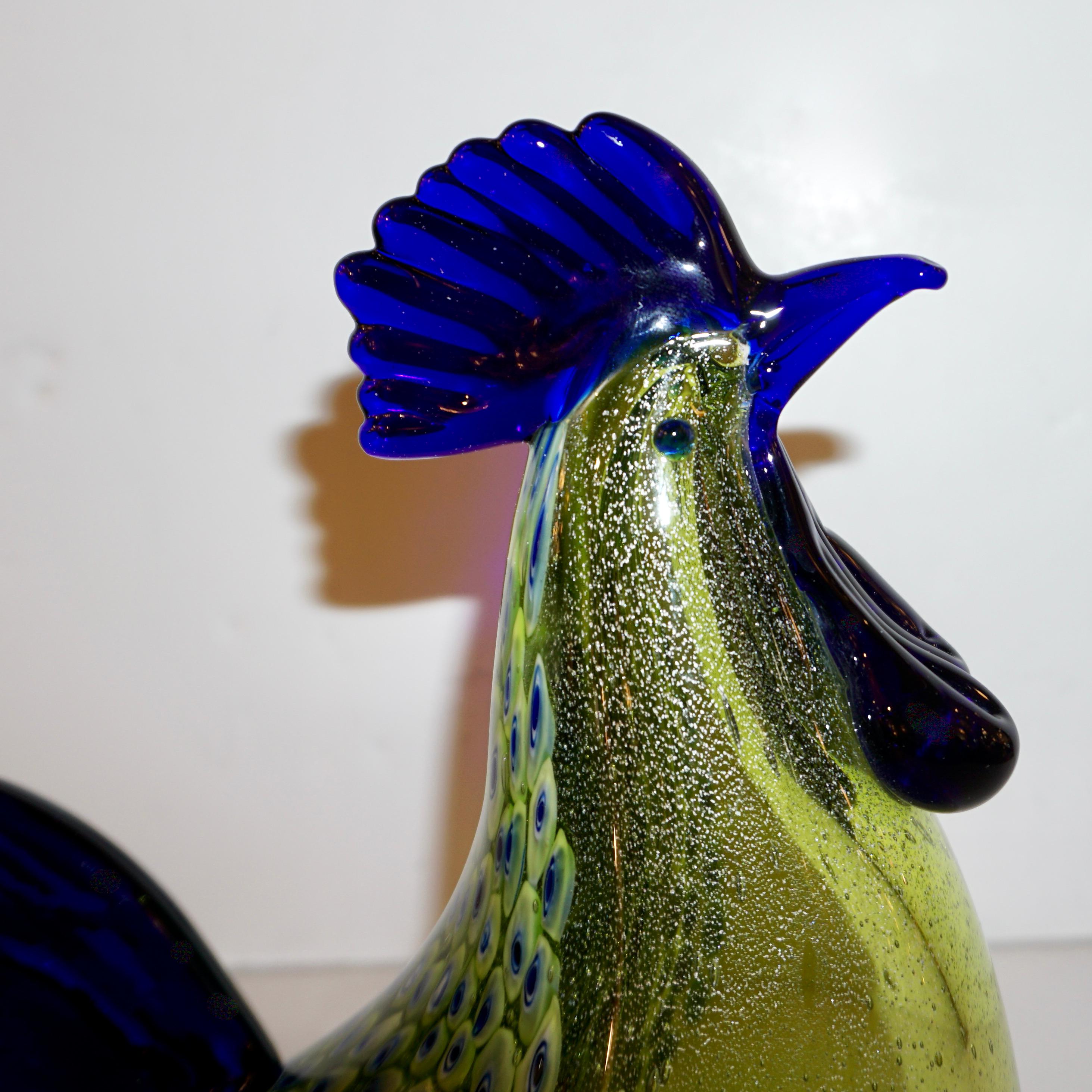 Seguso 1980 Italian Silver Navy Blue Apple Green Murano Glass Hen Bird Sculpture For Sale 1