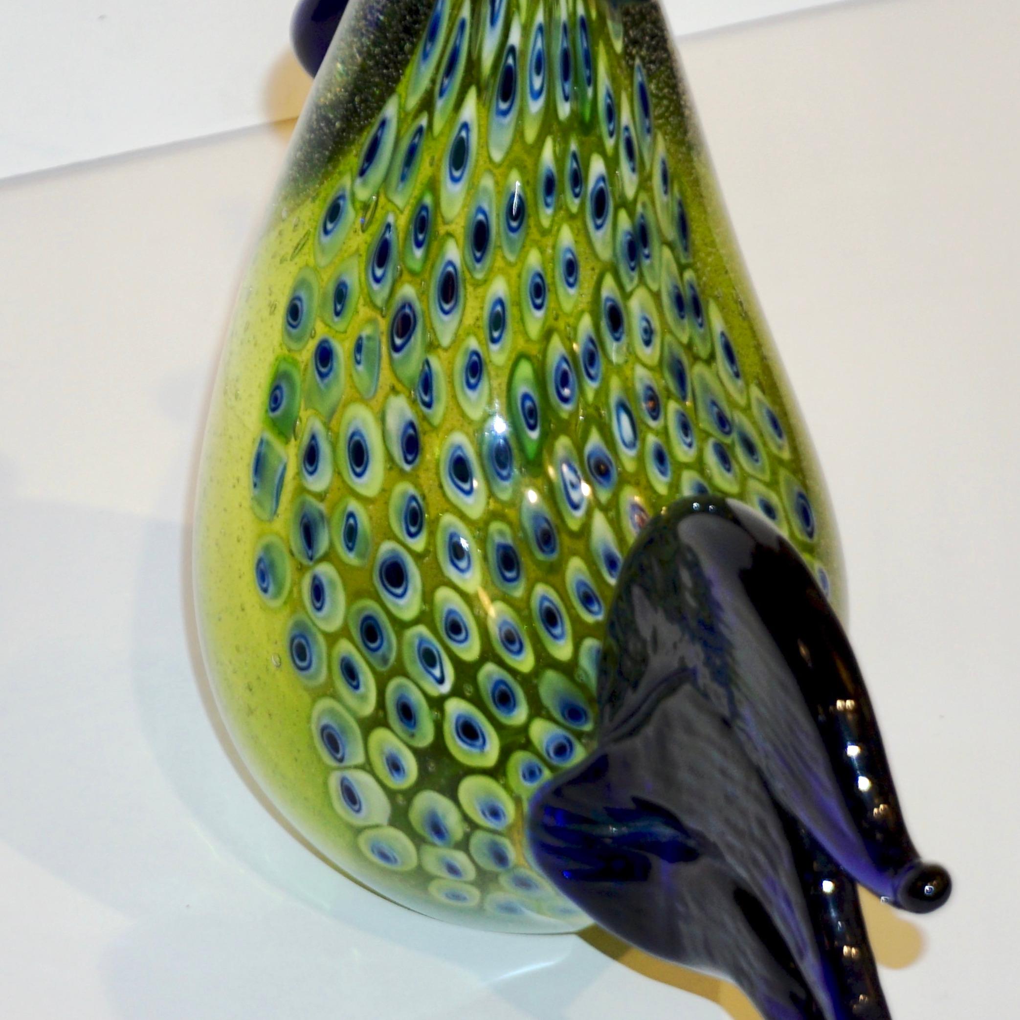 Seguso 1980 Italian Silver Navy Blue Apple Green Murano Glass Hen Bird Sculpture For Sale 2
