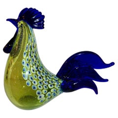 Seguso 1980 Italian Silver Navy Blue Apple Green Murano Glass Hen Bird Sculpture