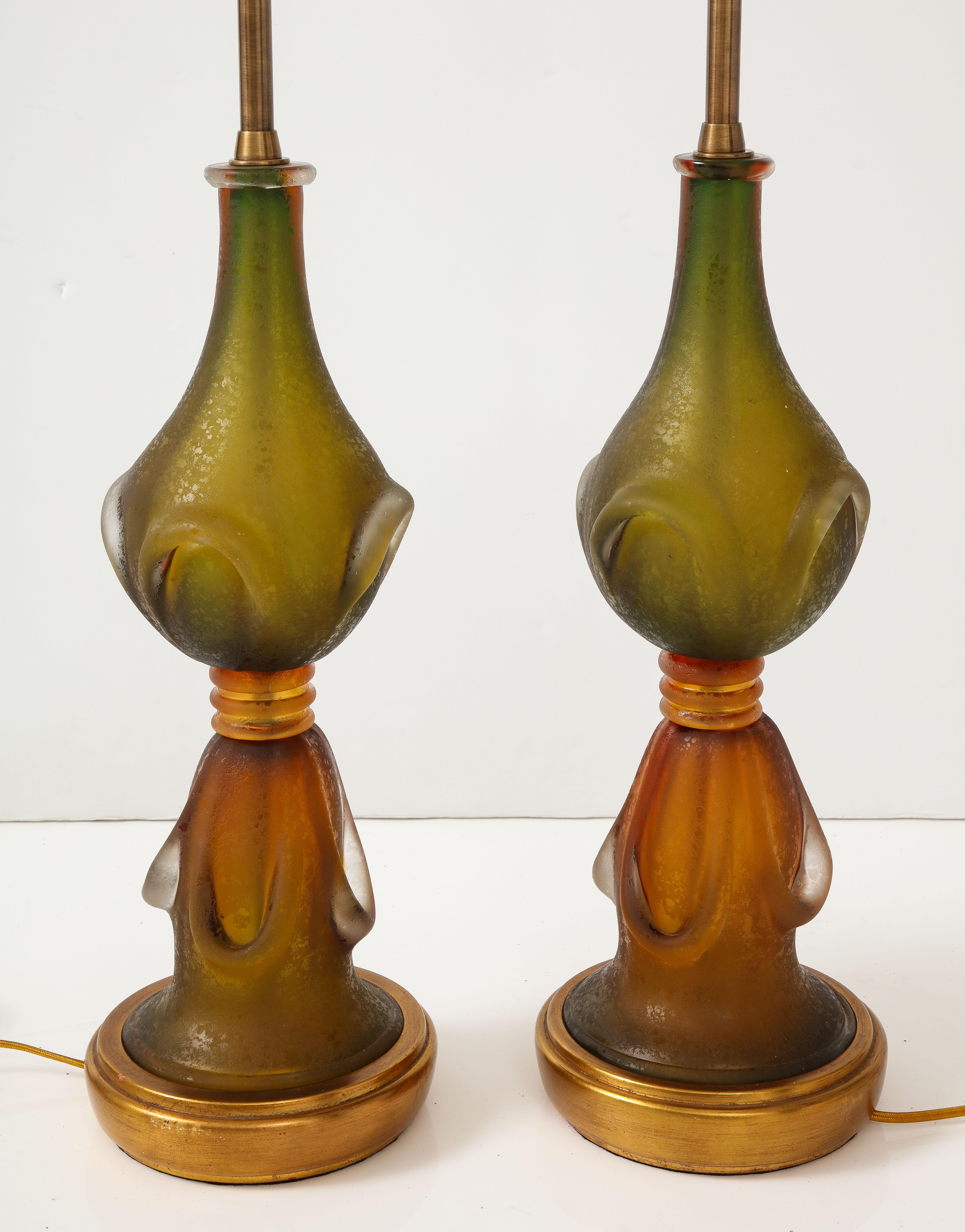 Seguso Amber/MossGreen Murano Glass Lamps In Excellent Condition For Sale In New York, NY