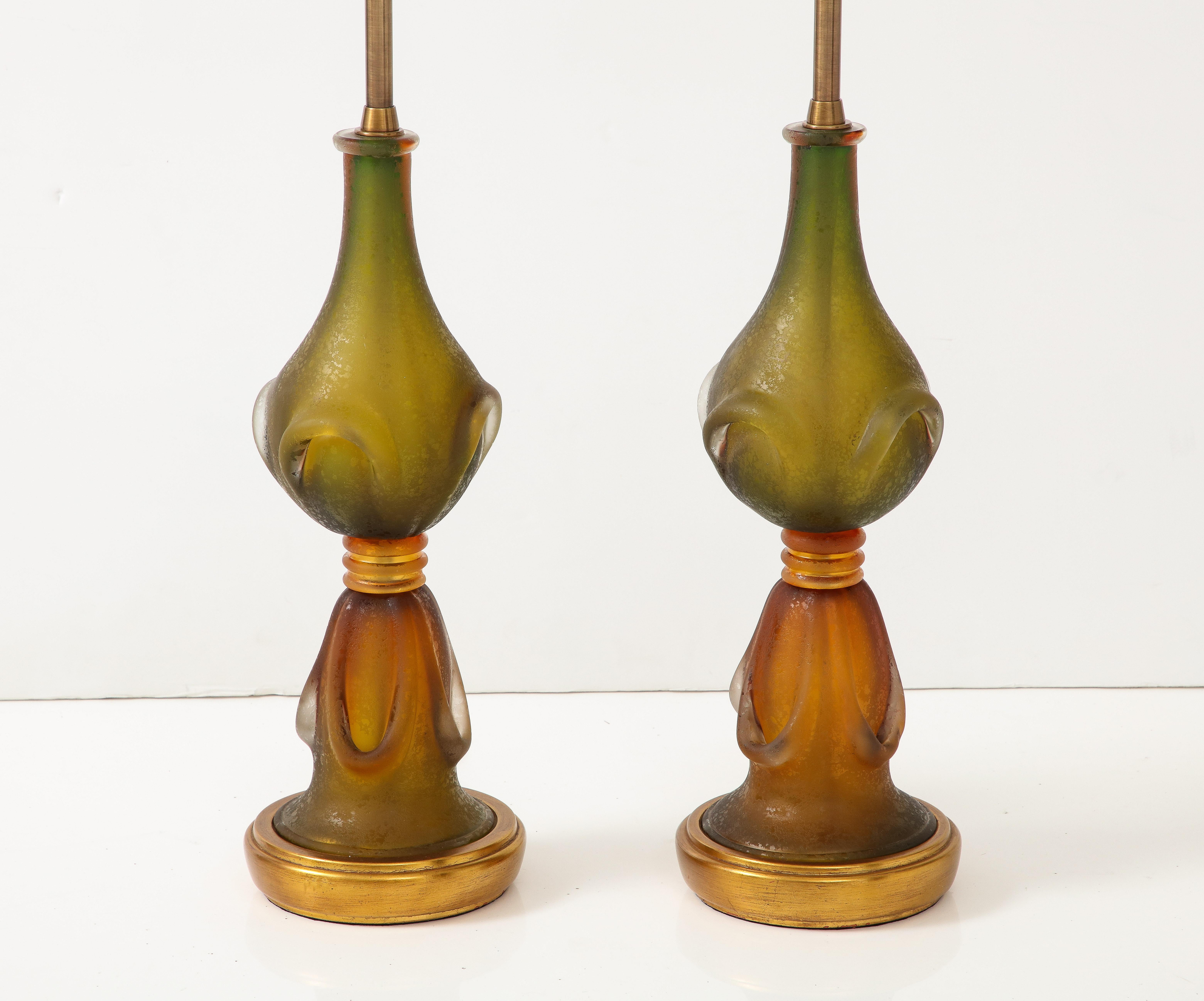 20th Century Seguso Amber/MossGreen Murano Glass Lamps For Sale