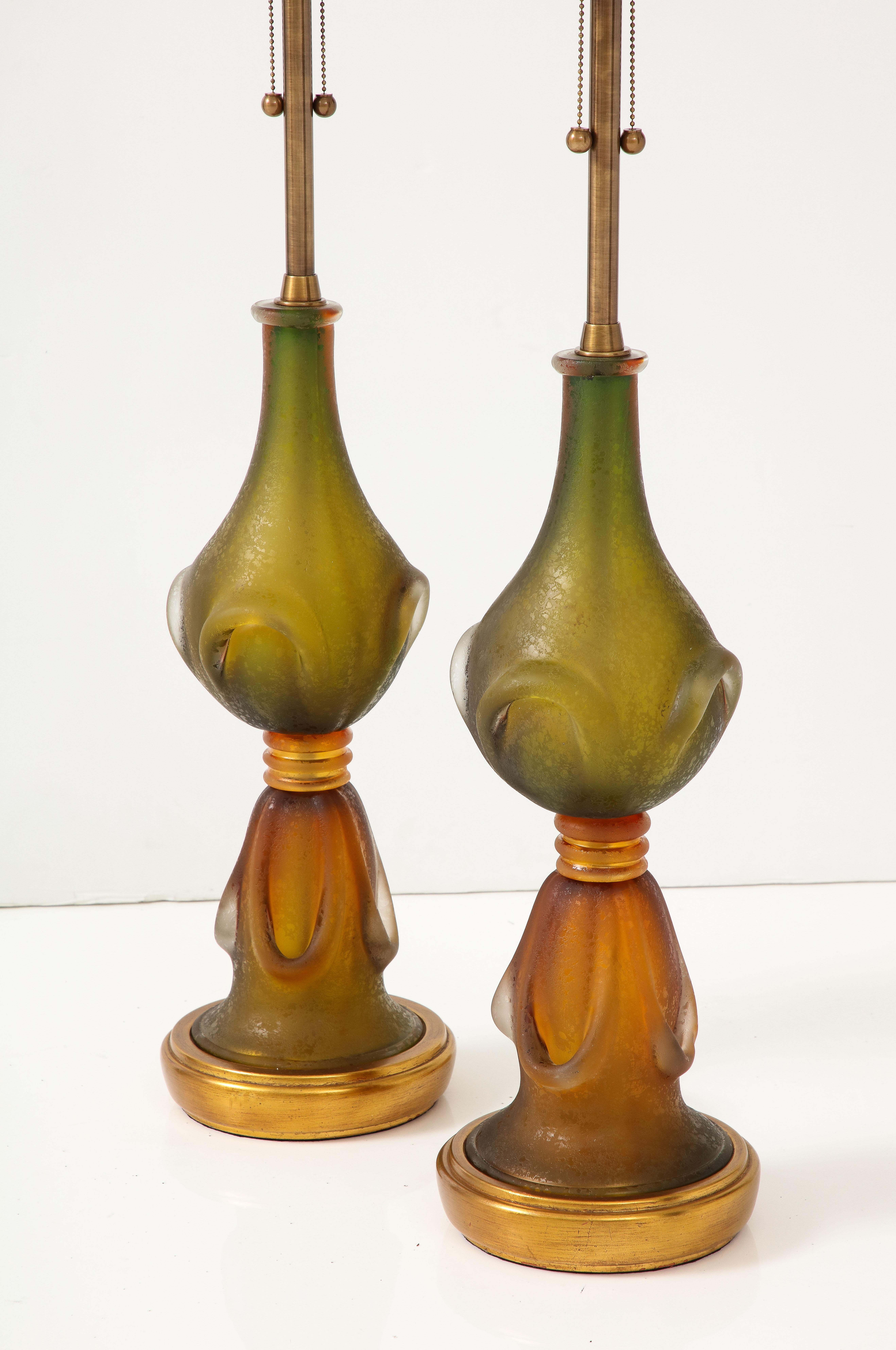 Brass Seguso Amber/MossGreen Murano Glass Lamps For Sale