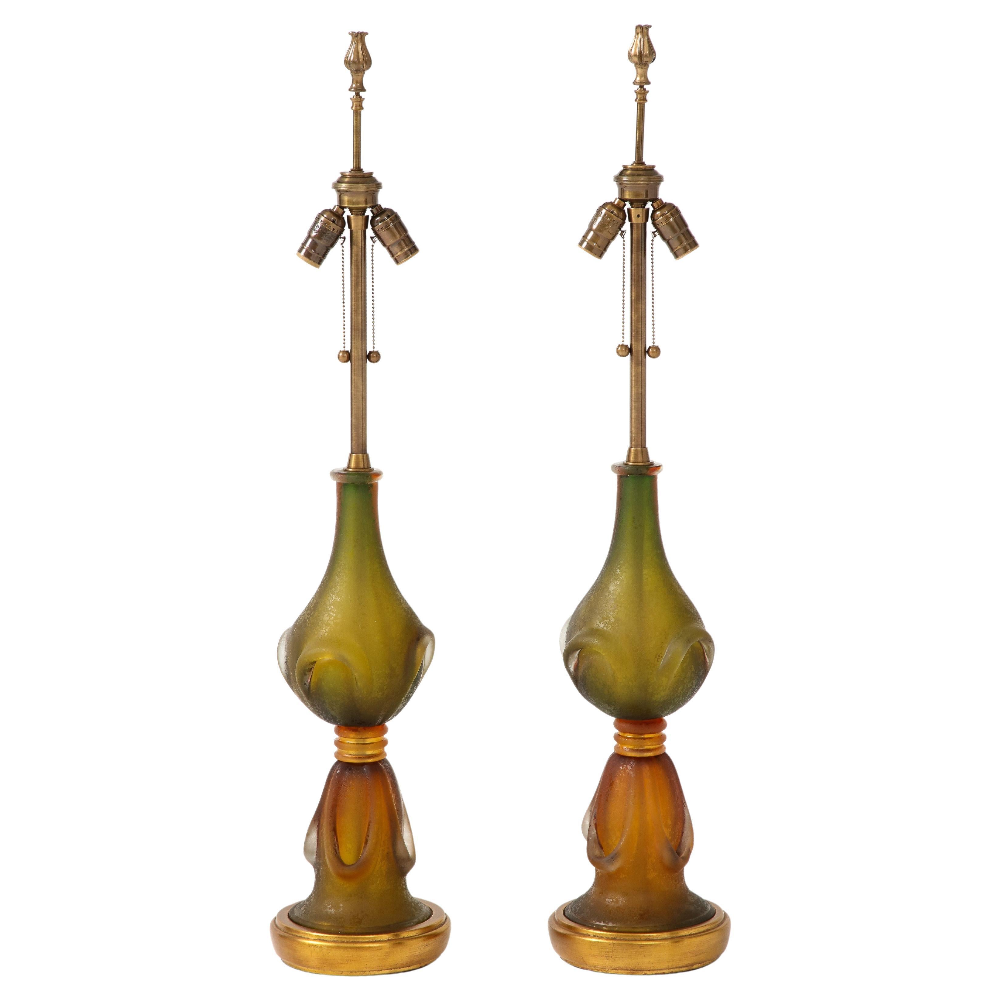 Seguso Amber/MossGreen Murano Glass Lamps