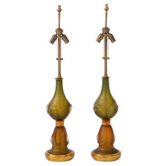 Seguso Amber/MossGreen Murano Glass Lamps