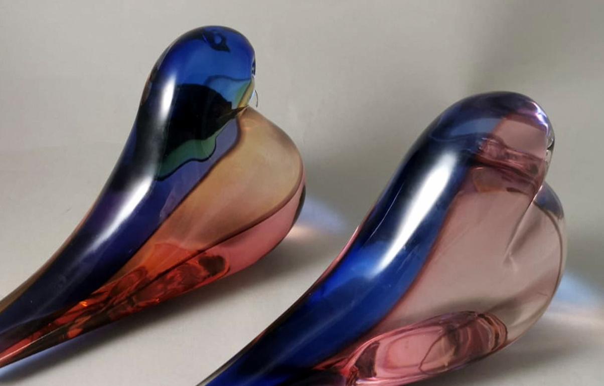Hand-Crafted Seguso Archimede Murano Large Pair Of Birds 