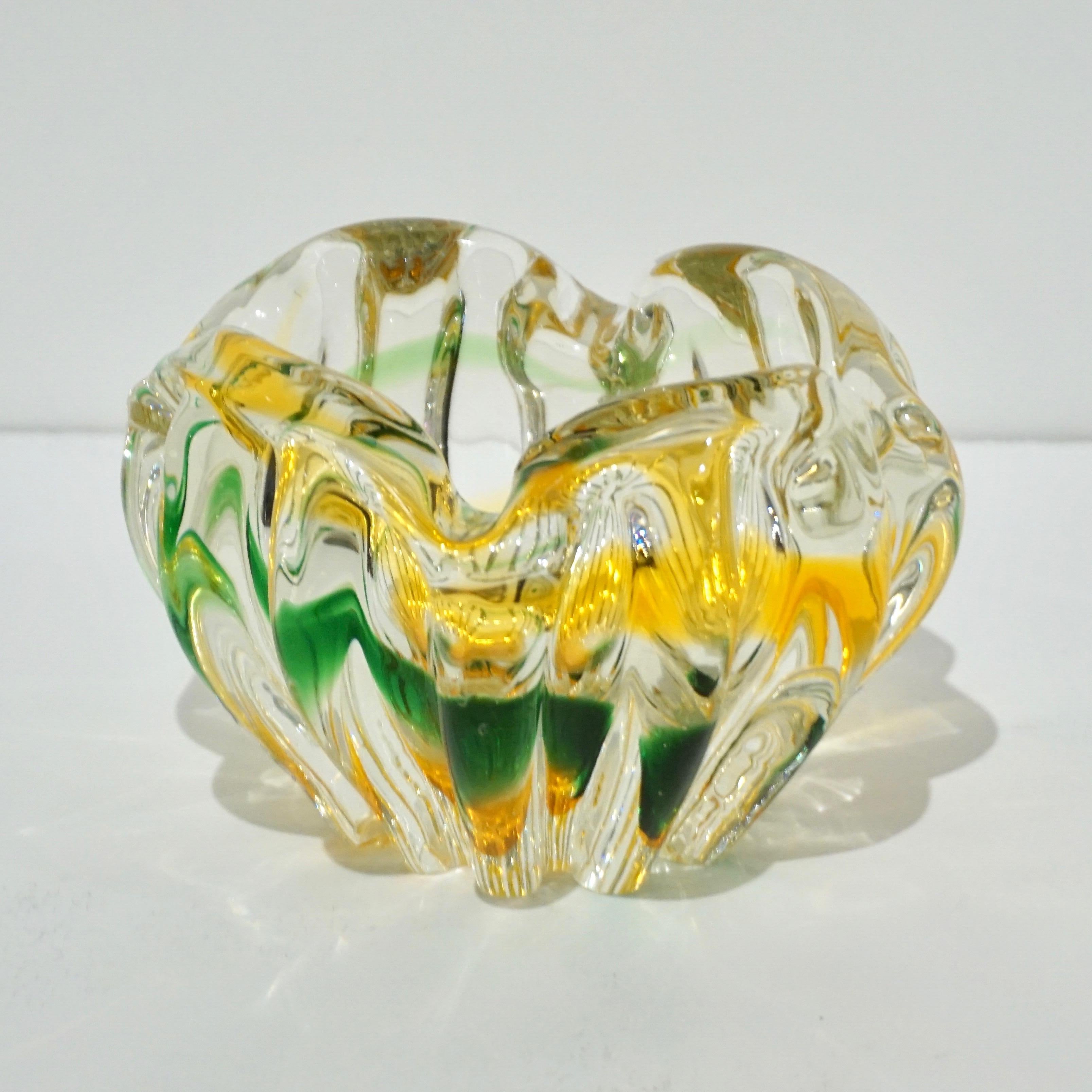 Seguso Attributed 1930s Green Yellow Crystal Murano Art Glass Small Bowls 5