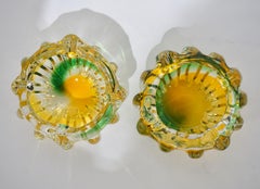 Seguso Attributed 1930s Green Yellow Crystal Murano Art Glass Small Bowls