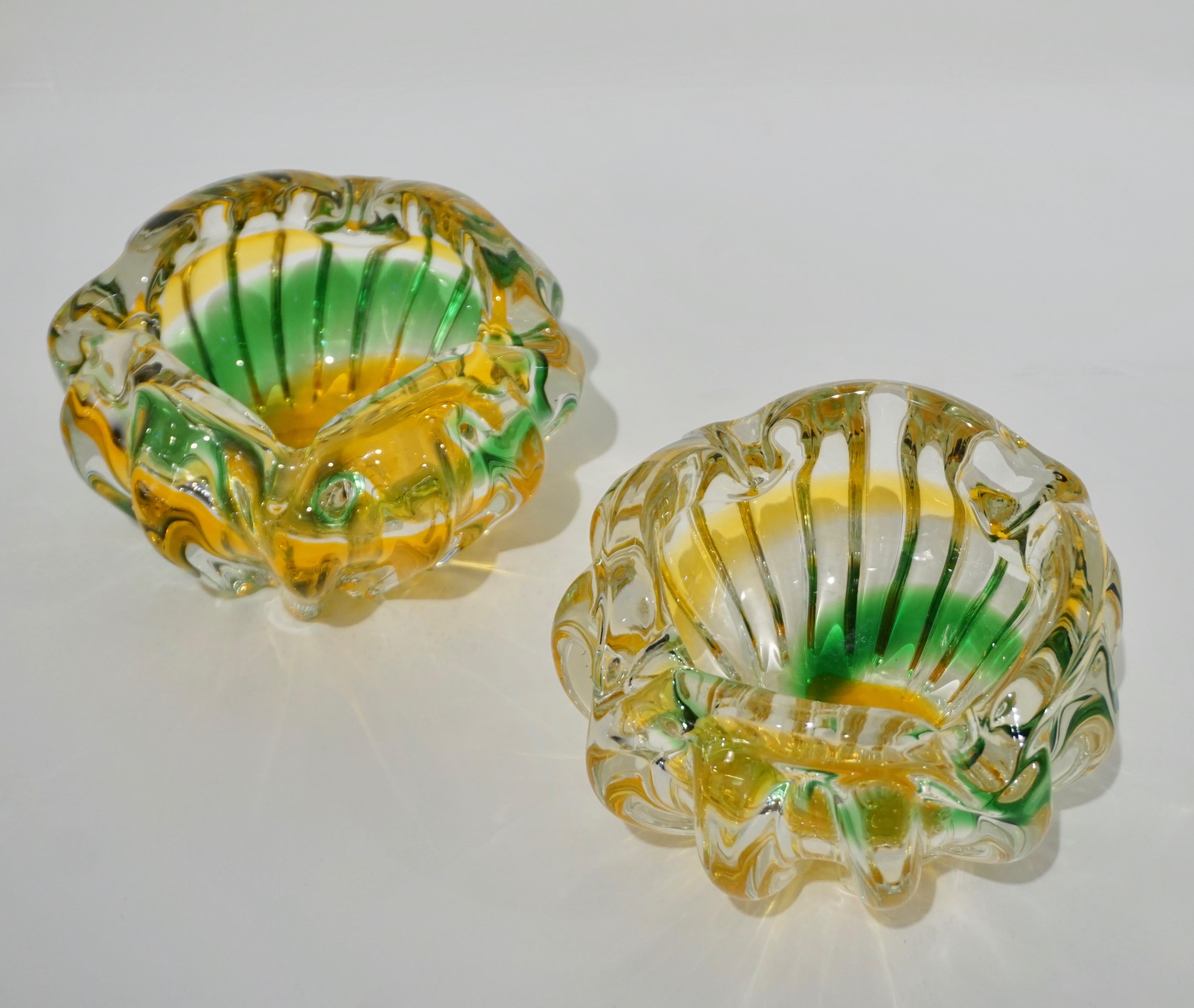 Seguso Attributed 1930s Green Yellow Crystal Murano Art Glass Small Bowls 2