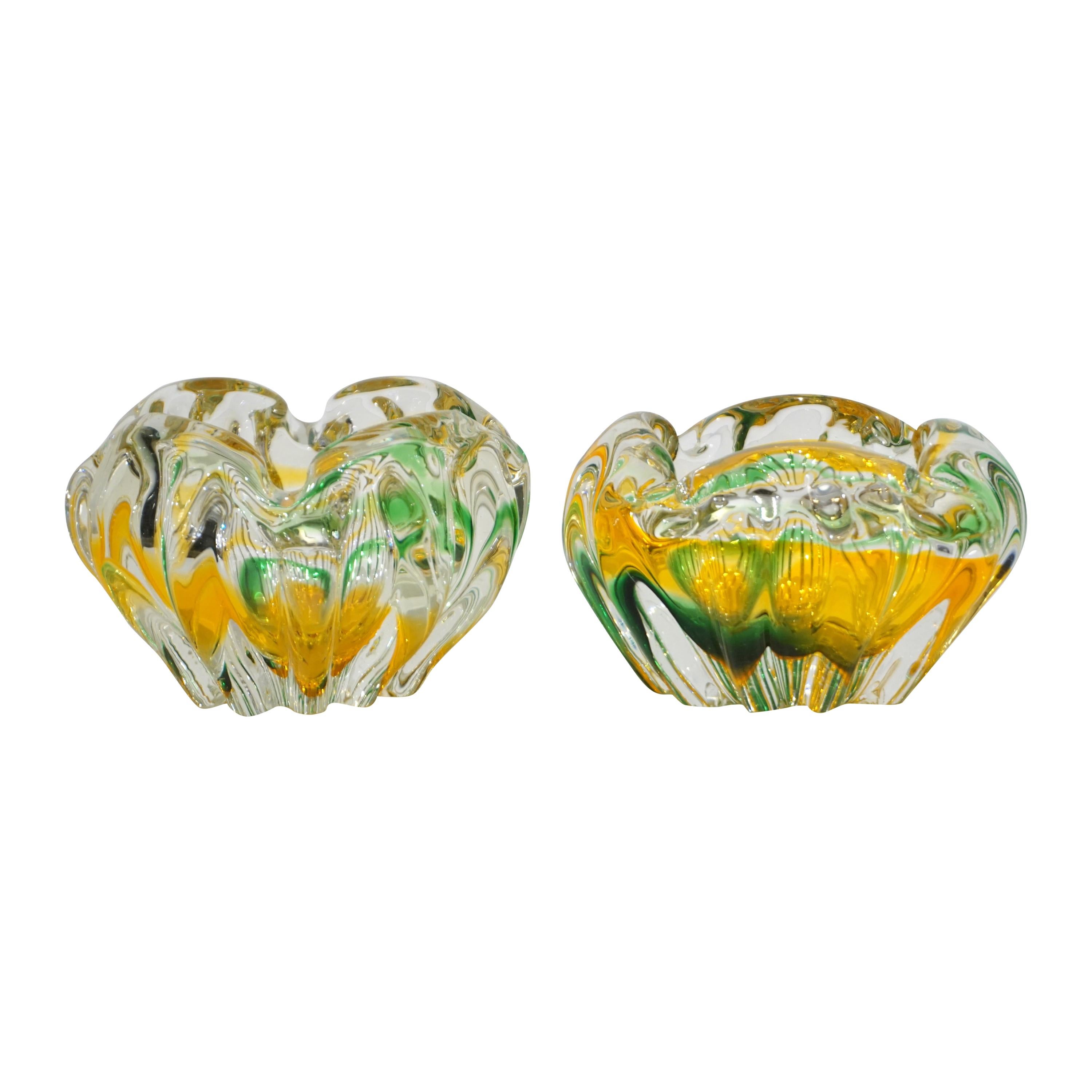 Seguso Attributed 1930s Green Yellow Crystal Murano Art Glass Small Bowls