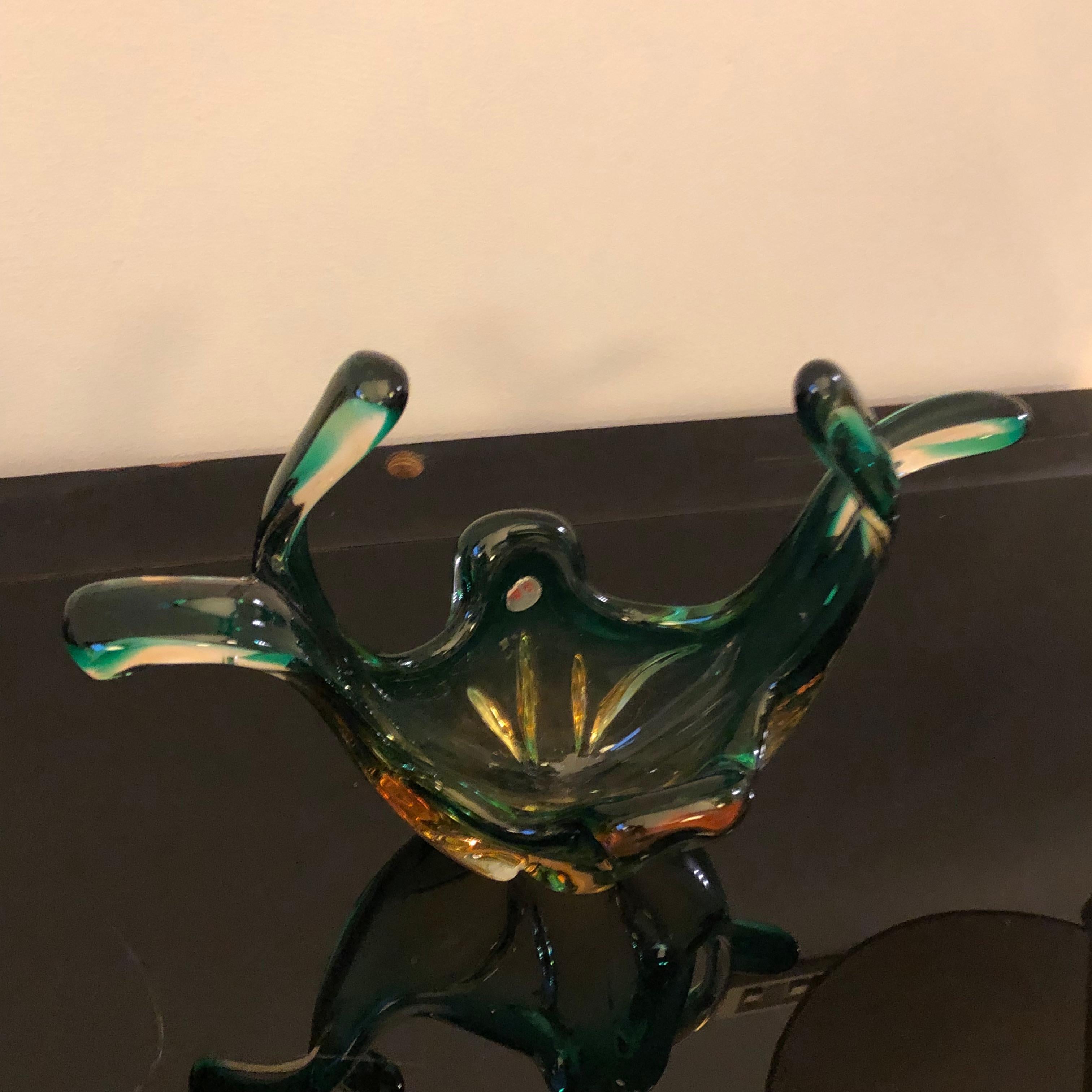 Hand-Crafted 1960s Seguso Sommerso Green and Brown Murano Glass Centerpiece For Sale