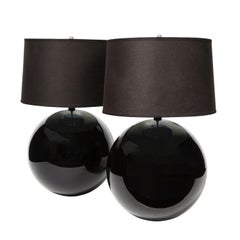 Seguso Attributed Pair of Large Black Glass Ball Lamps, 1980s