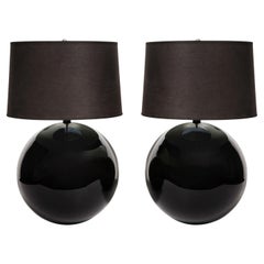Seguso Attributed Pair of Large Black Glass Ball Lamps, 1980s